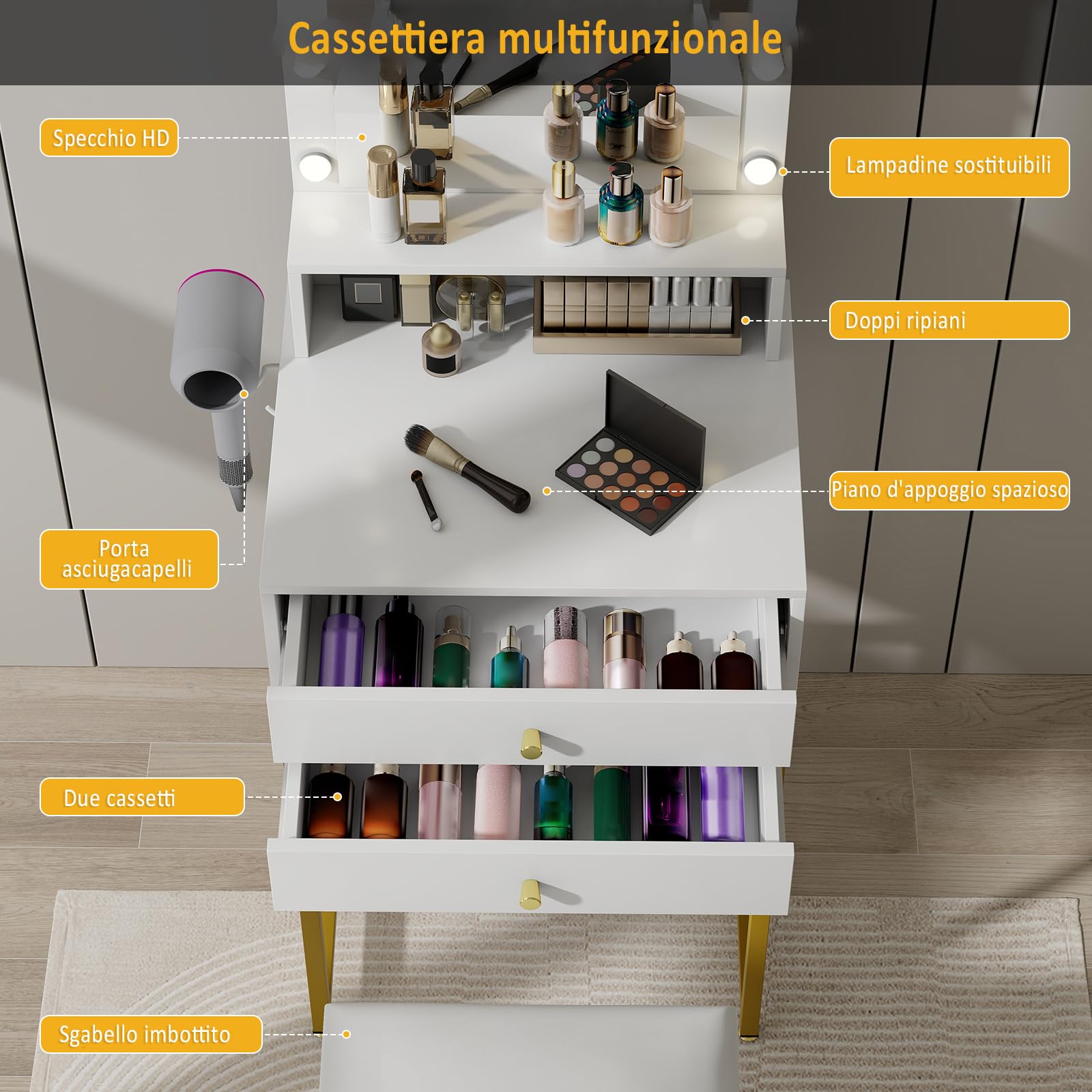 YU YUSING Toeletta Trucco con 10 Luci LED, 3 Colori, Tavolo da Trucco con Specchio e Sgabello, 2 Cassetti e 1 Ripiani Aperto, Supporto per Asciugacapelli, Postazione per Camera da Letto Soggiorno, Oro