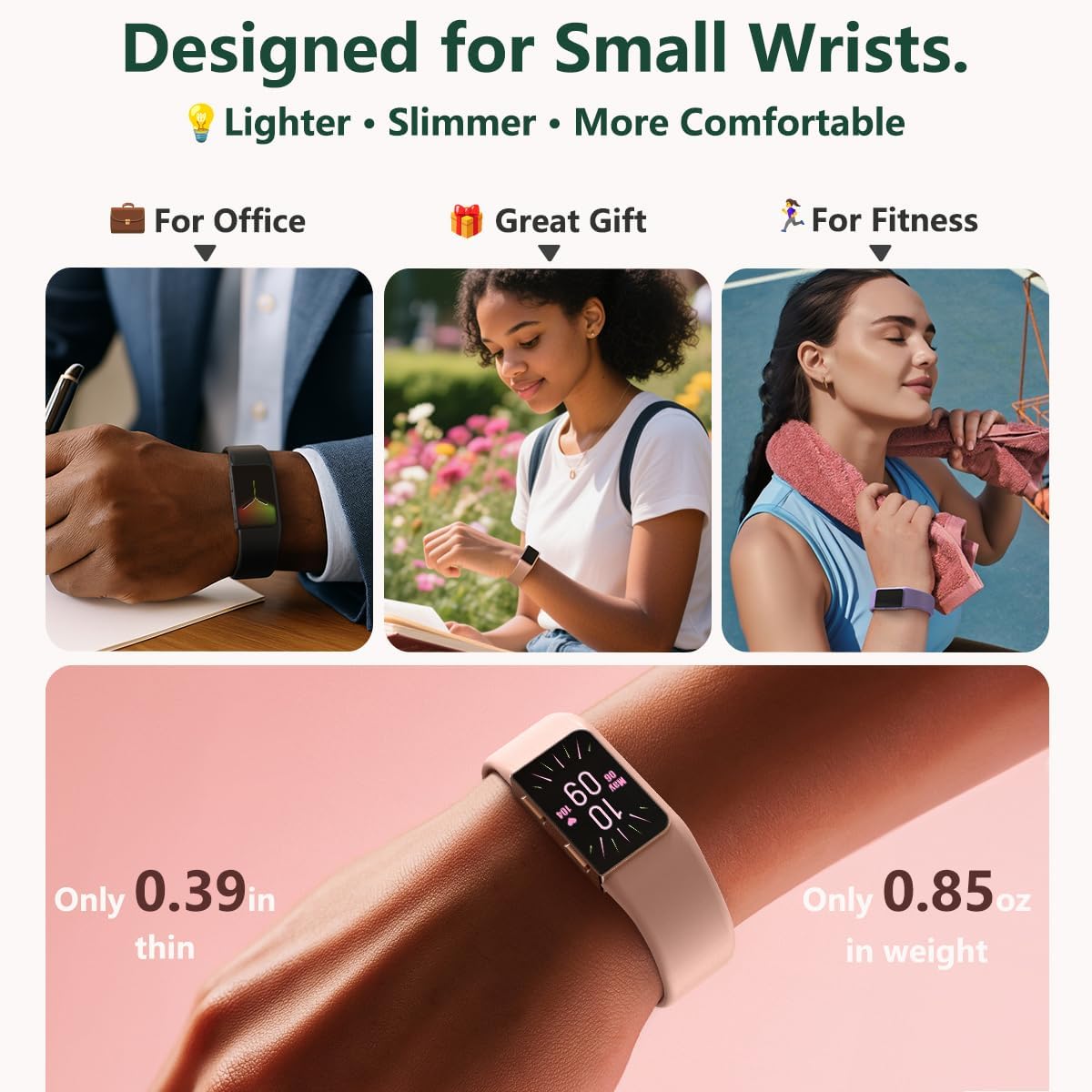 FITVII Slim Fitness Trackers, Fitness Watch with 24/7 Heart Rate, Blood Pressure, Blood Oxygen, Stress Monitor, AMOLED Activity Tracker Step Calorie Counter, IP68 Waterproof Smart Watch for Women Men