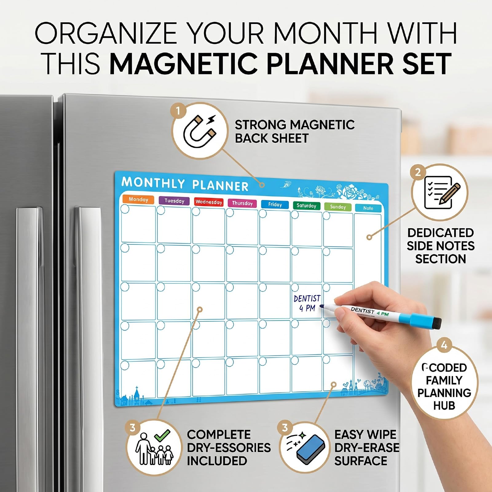 Naroote Agenda Mensile Cancellabile a Secco, Agenda Mensile per Frigorifero con Magnete Morbido con Superficie in PET, Calendario di Inizio lunedì da 4 (4 set penna nera rossa blu + gomma + tubo di