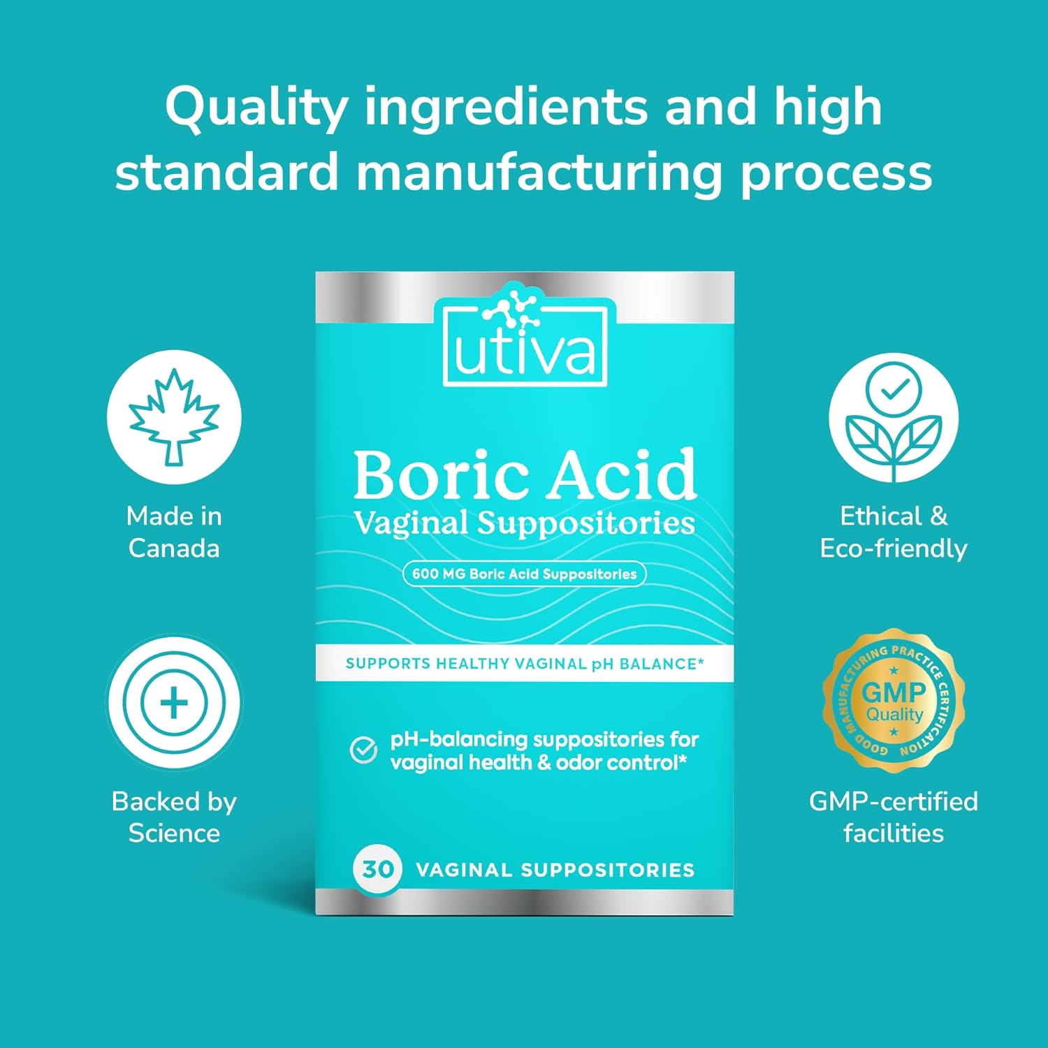 10% Bundle Utiva Boric Acid - 600mg 30-Boric Acid Vaginal Suppositories to Lower pH and Support Vaginal Health + Utiva Suppository Applicators – Hygienic Individually Wrapped 15 Vaginal Applicators