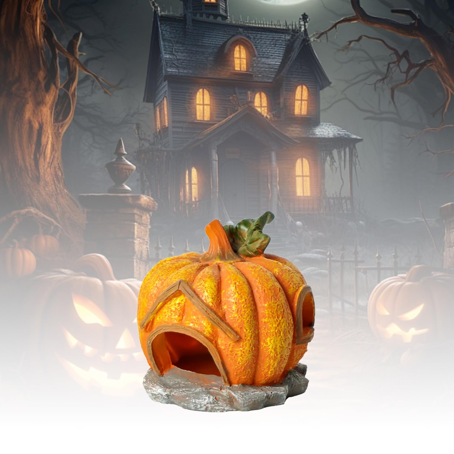 Nereds Pumpkin Halloween Aquarium Decor Resin Fish Tank Statue Pumpkin House for Small Fish,Shrimps,Frogs,Gecko, Spider - Image 3