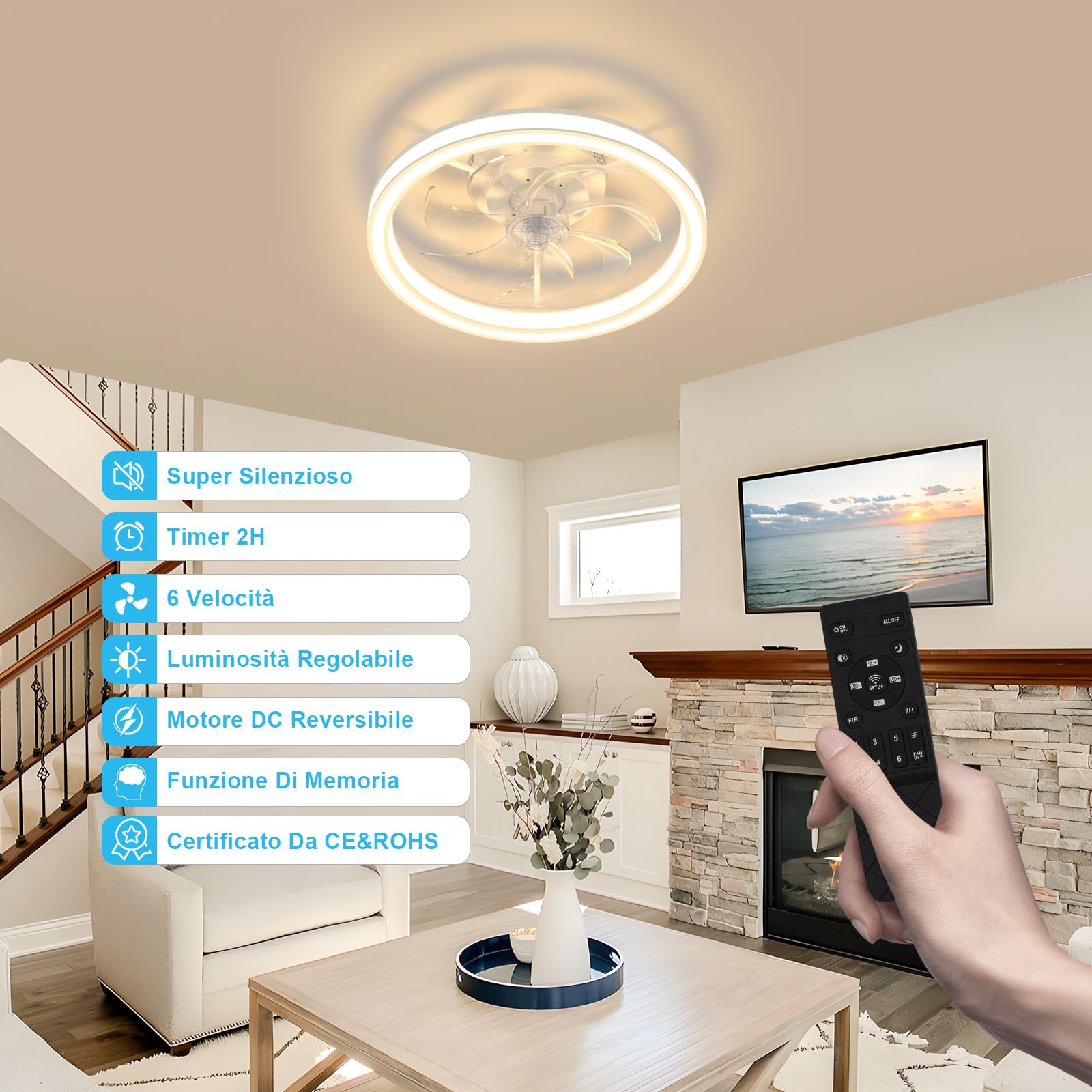 Ventilatore da Soffitto con Luce 48CM, 6 Velocità con Telecomando, Lampada Ventilatore da Soffitto Reversibile, Timer, 7 Pale, Estate/Inverno, Soffitto Camera da Letto, Cucina (Bianco)