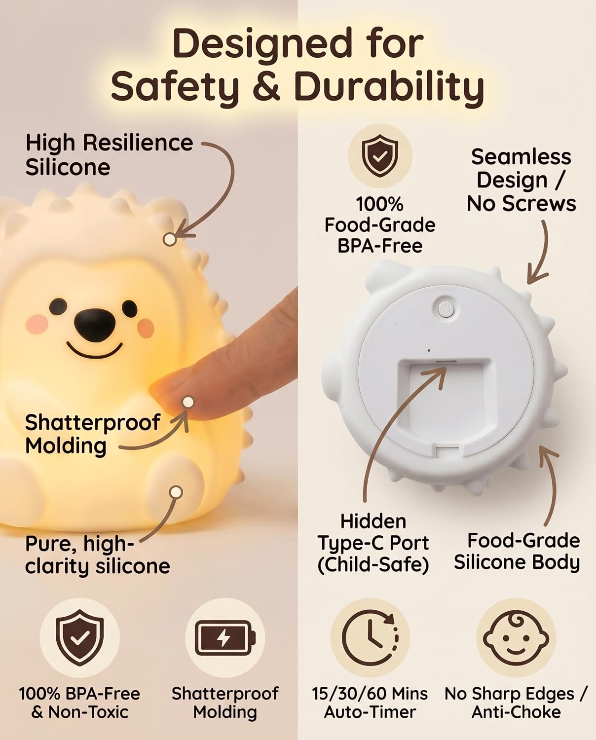 Hedgehog Night Light for Kids, 15/30/60 Min Timer Squishy Silicone Lamp, Touch/Remote 8-Color BPA-Free Rechargeable Night Light for Baby Nursery, Breastfeeding Bedside Sleep Buddy Gift