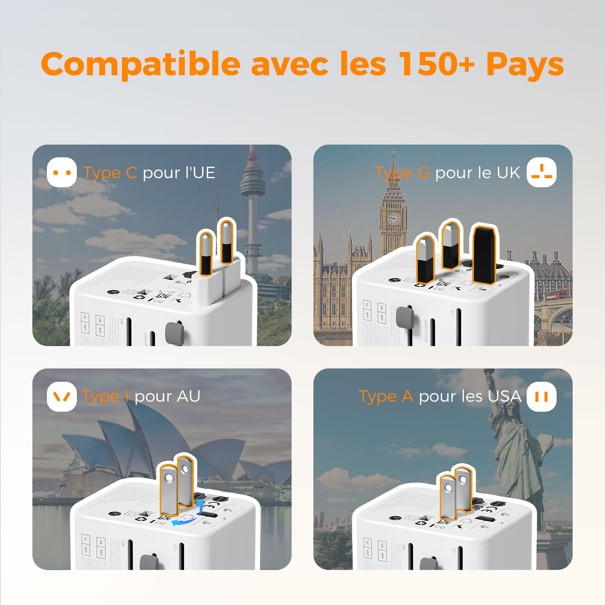 TESSAN Adaptateur Prise Universelle, Adaptateur Universel de Voyage avec 5 USB Puissance Totale 28W, International Voyage Accessoires France vers USA Anglaise Thailande Japon Australie Chine