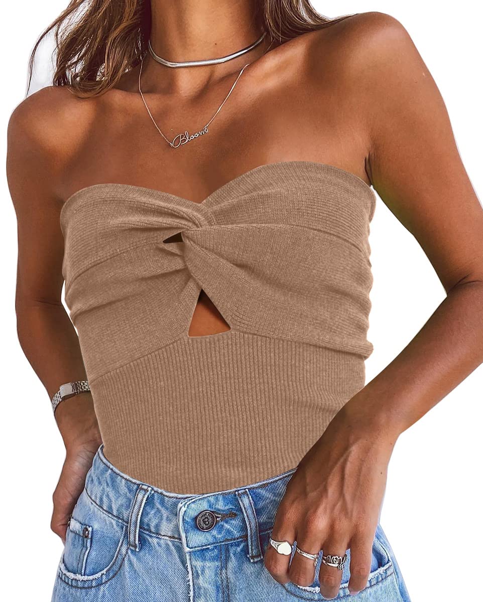 EFAN Womens Tube Tops Going Out Cut Out Twist Knot Front Bandeau Ribbed Knit Y2K Strapless Tank Bustier Corset Tops