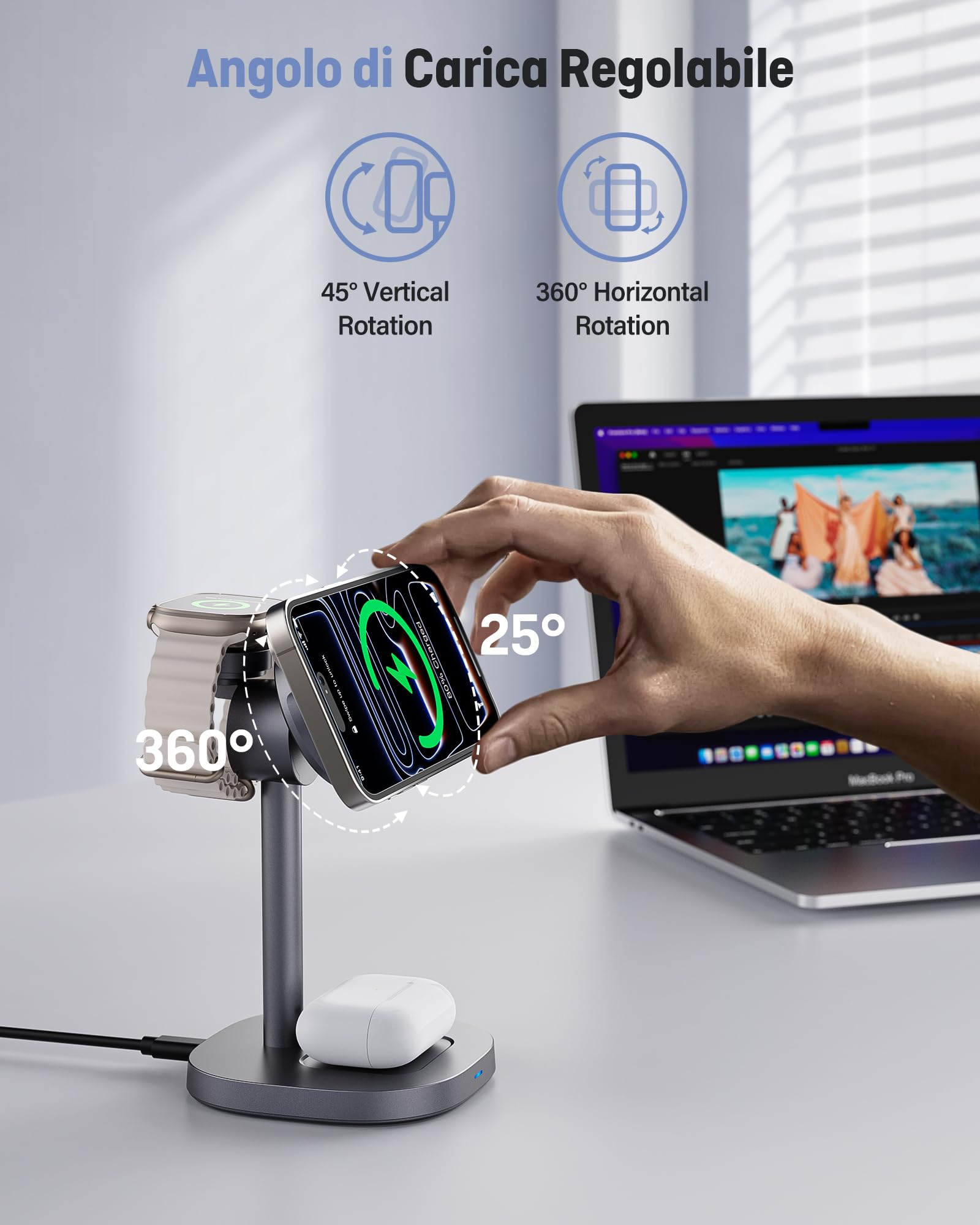 Augnner 3 in 1 Caricatore Wireless,Qi2.2 25W Caricabatterie Magnetico Rapido con Raffreddamento Attivo TEC,Stazione Ricarica Wireless Mag-Safe per iPhone17/16/15/14/13/12,Apple Watch/AirPods