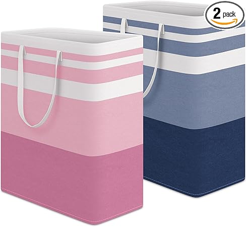 HomeHacks 2 Pack Large Laundry Baskets, Waterproof, Freestanding Laundry Hampers, Collapsible Clothes Hamper with Reinforced Handles in Laundry, College Dorm, Bathroom, Bedroom (Blue+Pink, 125Lx2)