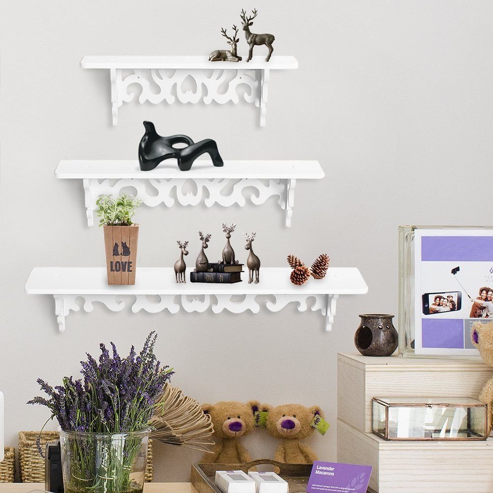 HomeZone® Set of 3 Shabby Chic Floating Shelves White Shelving For