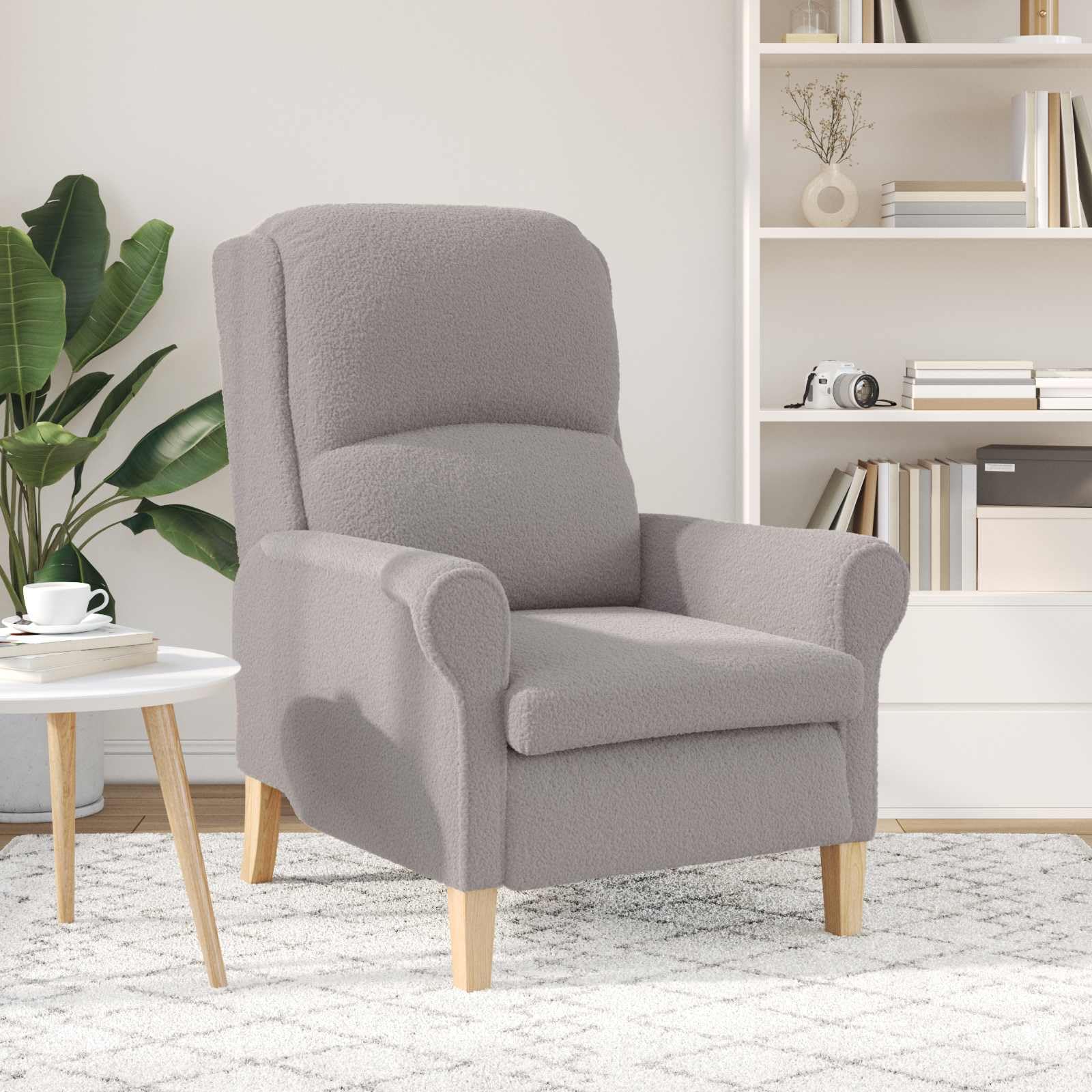 Fotel jasnoszare z miękkiej tkaniny Sherpa z drewnianą ramą, ergonomiczne krzesło tapicerowane do salonu, biura, salonu i czytania, wygodne krzesło relaksacyjne z podłokietnikami zapewnia