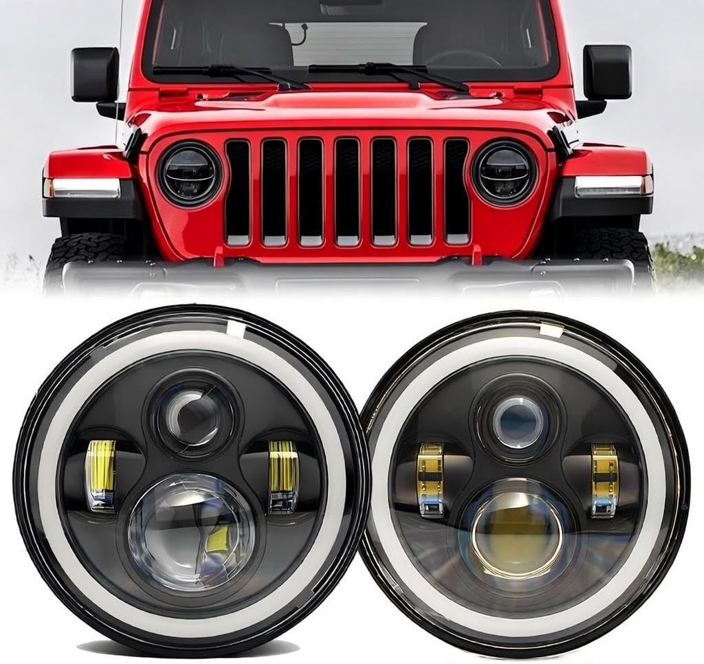 HANBKC 7 Inch LED Halo Headlights for Jeep Wrangler JK TJ LJ CJ 1997-2018, DOT Approved Hi/Lo Beam, White DRL Amber Turn Signal, Plug & Play Pair