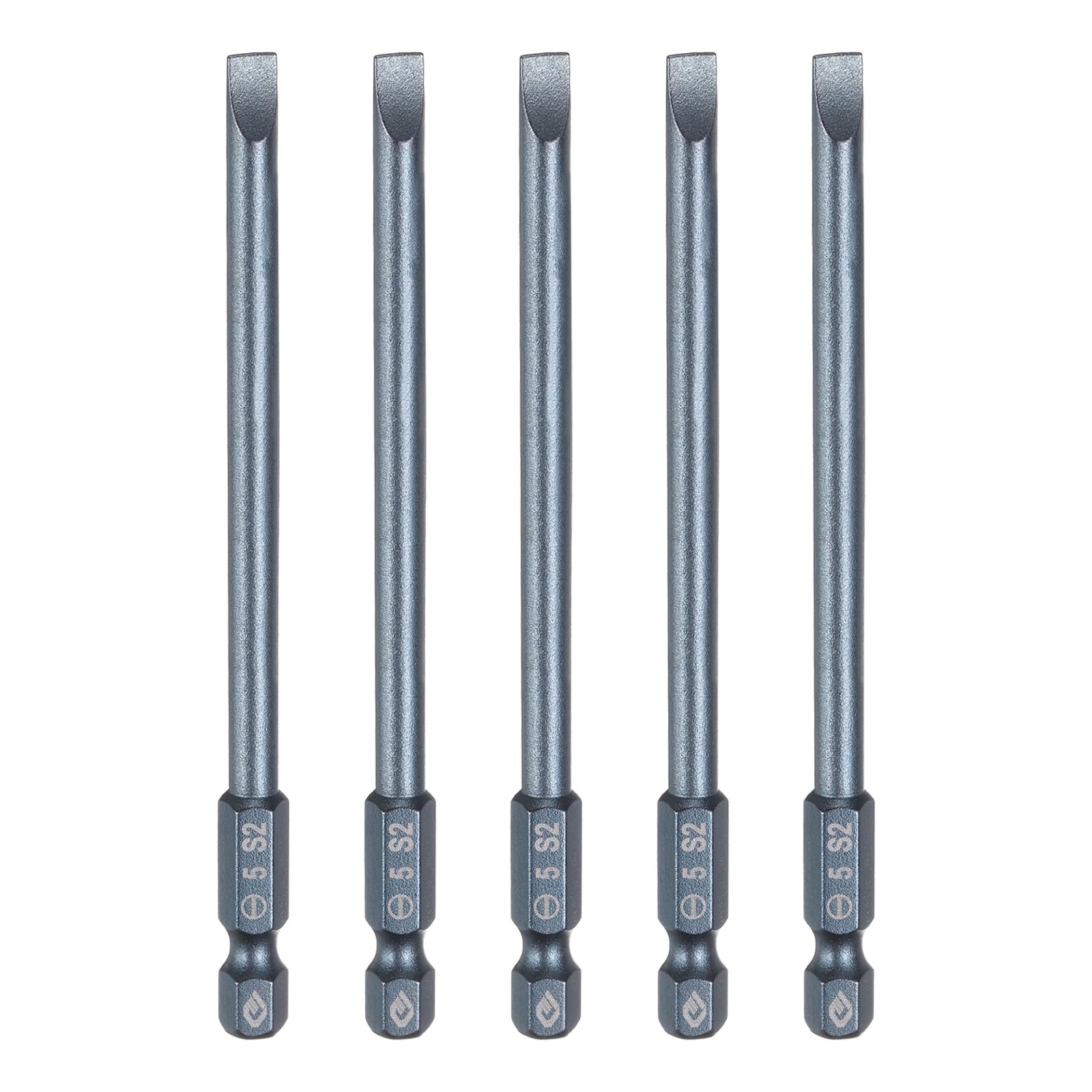 HARFINGTON 5pcs SL5 Magnetic Slotted Screwdriver Bits 5mm S2 Steel Flat Head Screwdriver Bit 1/4" Hex Shank Screw Driver Drill Bits 100mm (4") Long