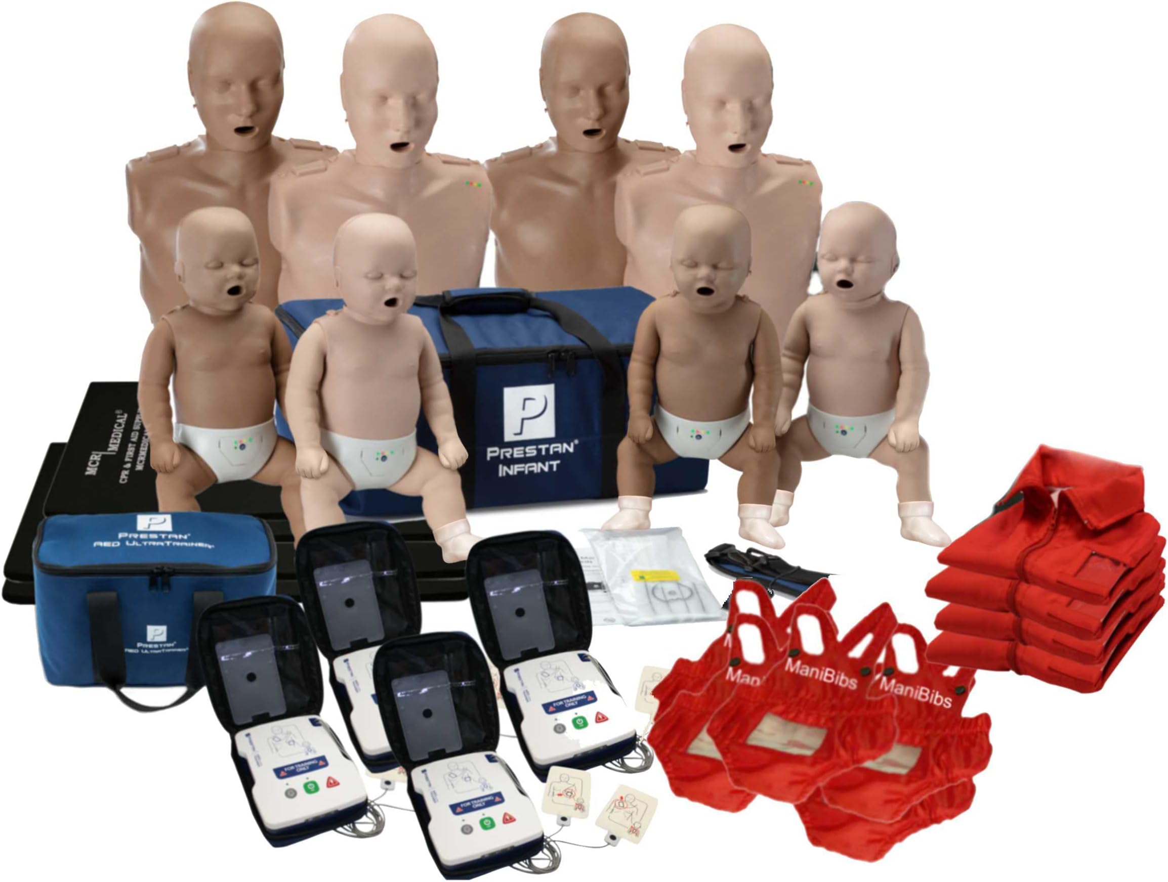 Prestan CPR Manikin Diversity Kit, 4-Pack Adult and 4-Pack Infant w. Feedback, AED UltraTrainers, and MCR Accessories