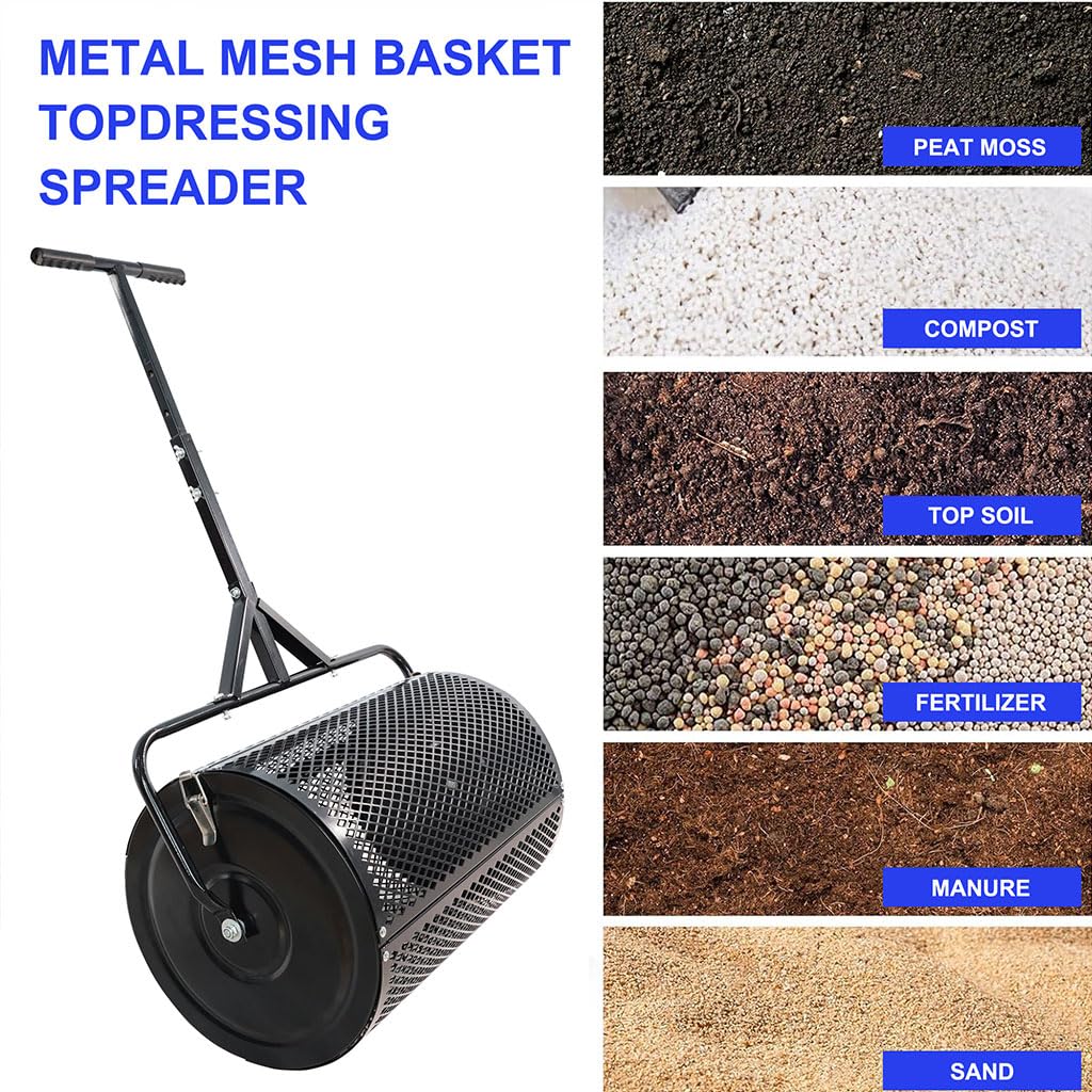 Esparcidor de abono, Cesta de Malla metálica Resistente de 24" con Mango en Forma de T, esparcidor de abono, esparcidor de turba para Plantar y sembrar, esparcidor de Malla metálica Duradero