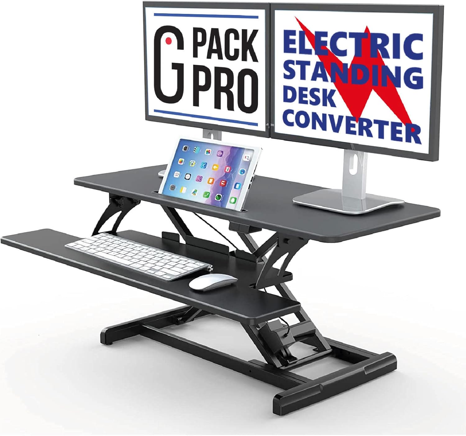 G Pack Pro Standing Desk Converter - Electric Height Adjustable Desk for Sit Stand Desk Workstation with Removable Keyword Tray and Space for Dual Monitors - Ergonomic Design for Maximum Productivity