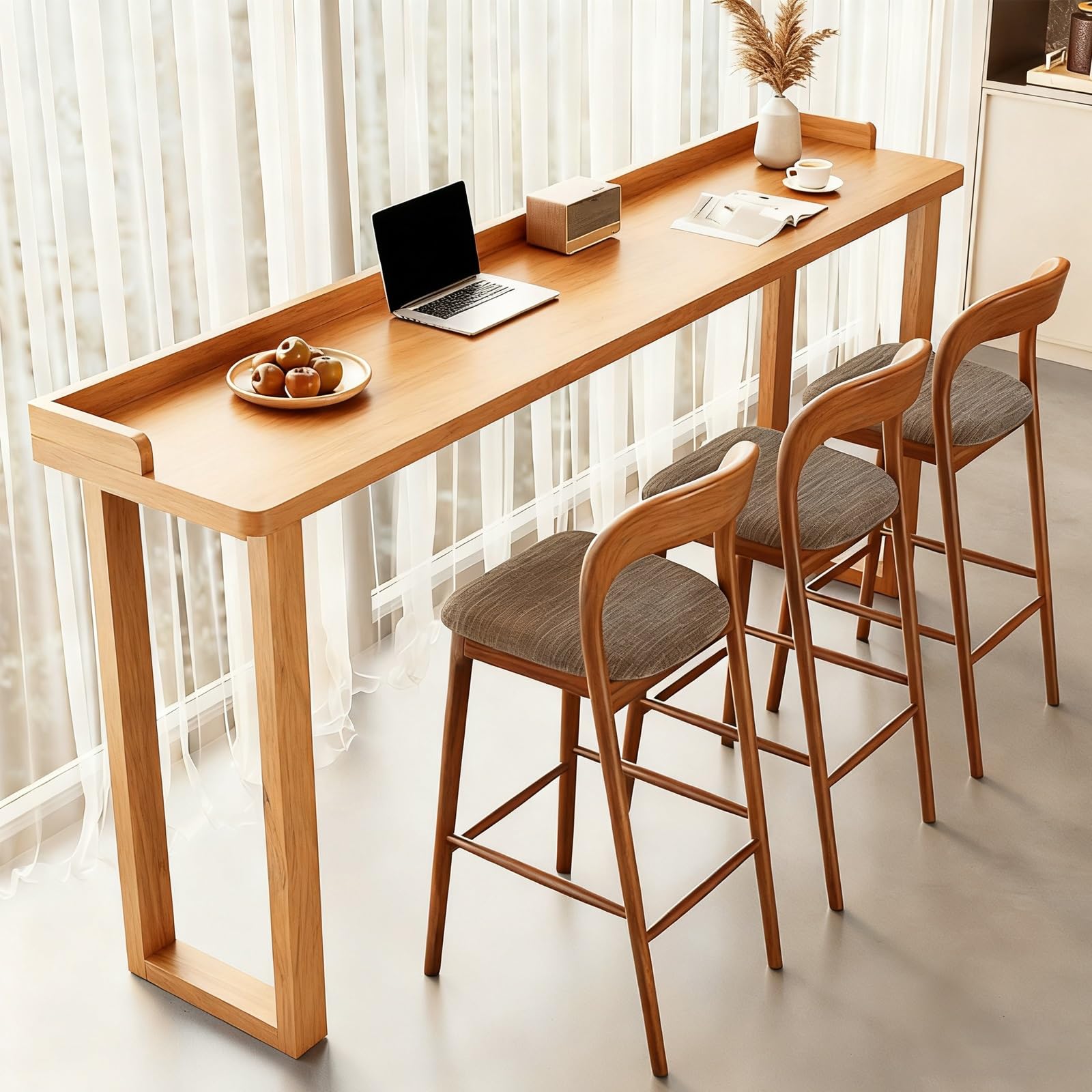 SXZenSpace Natural Solid Wood Bar Height Table Rectangle Coffee Counter Desk with Fence Narrow Bistro Dining Console for Home & Cafe (120cm/47in No Stool)