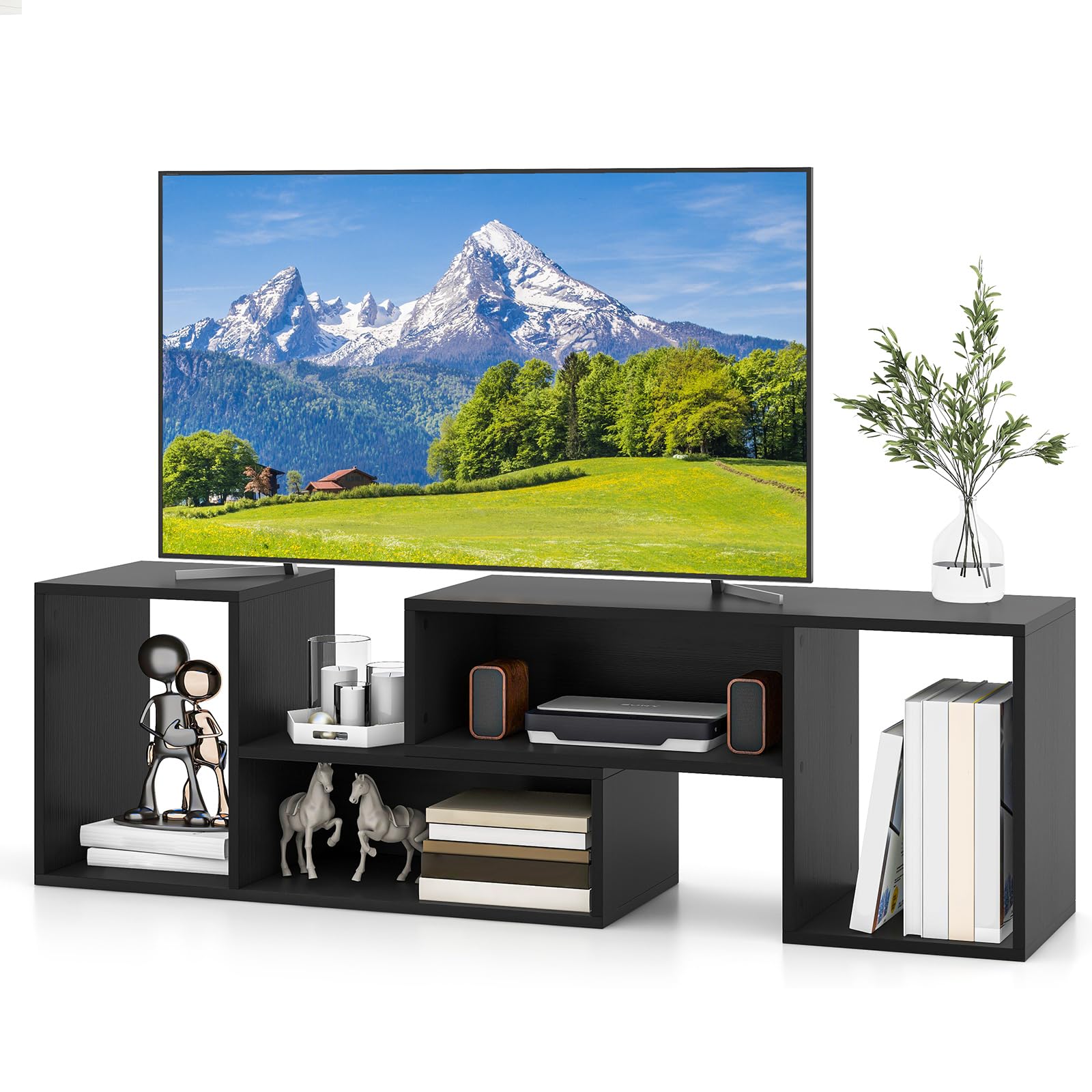 GYMAX Mobile TV Console da 32-60 Pollici Convertibile, 135 x 30 x 40 cm, Estensione e Rotazione Libera, Mobile Multimediale Porta TV, Cubi Aperti, Carico 50 kg, Soggiorno, Camera da Letto (Nero)