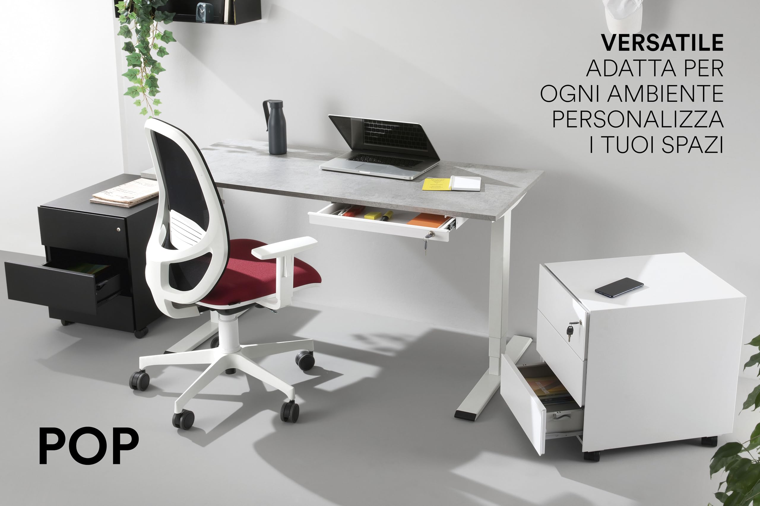 D-Segno Cassettiera da Scrivania in Metallo con Ruote - Cassettiera Ufficio Design Minimal con chiave, Dimensioni cm. 54× 42× 53,5, Made in Italy (Nero)
