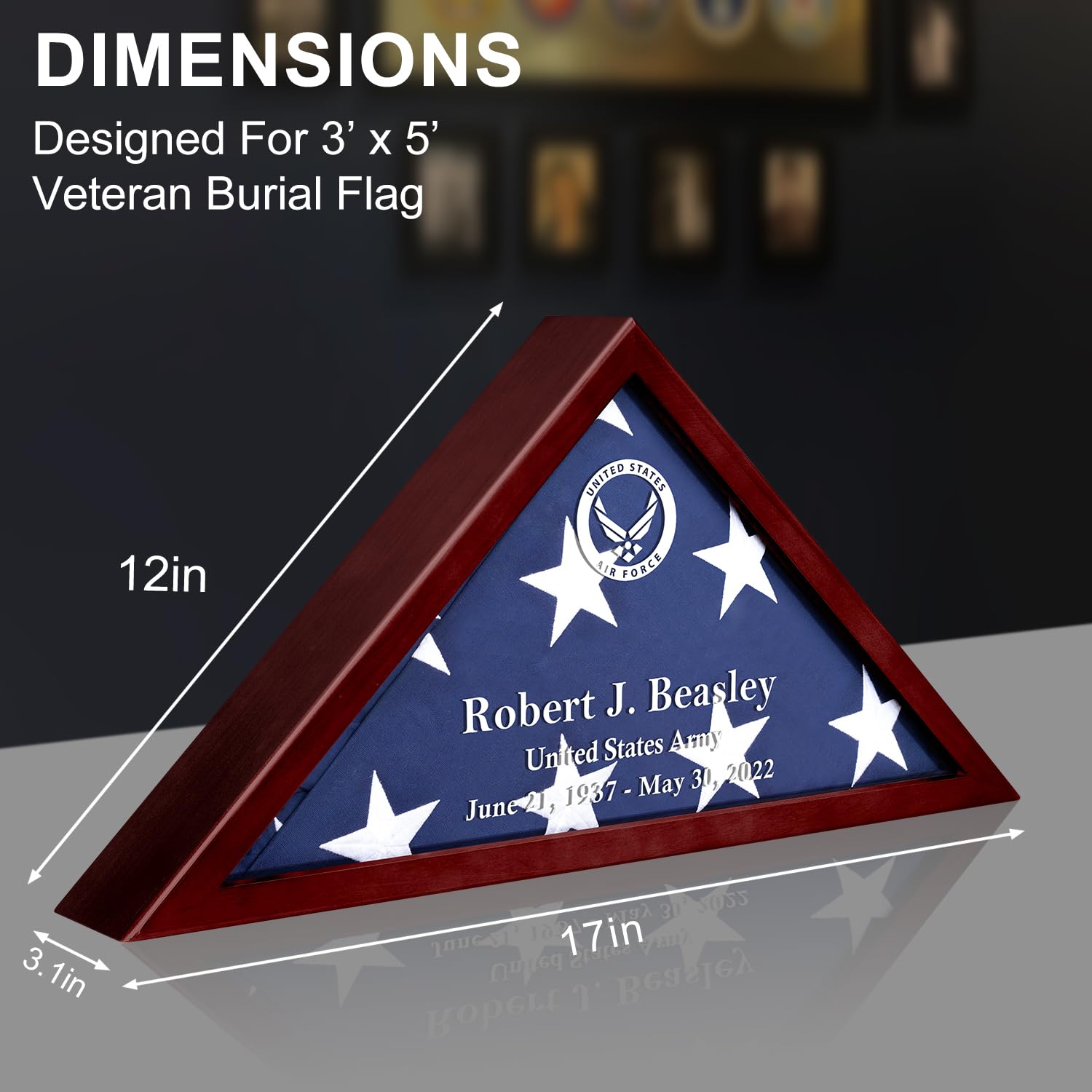 Small Customized Flag Shadow Case for 3' x 5' Flag American Veteran Flag Display Box Wood and Glass Flag Box with Personalized Name for Wall Mount or Standing Display