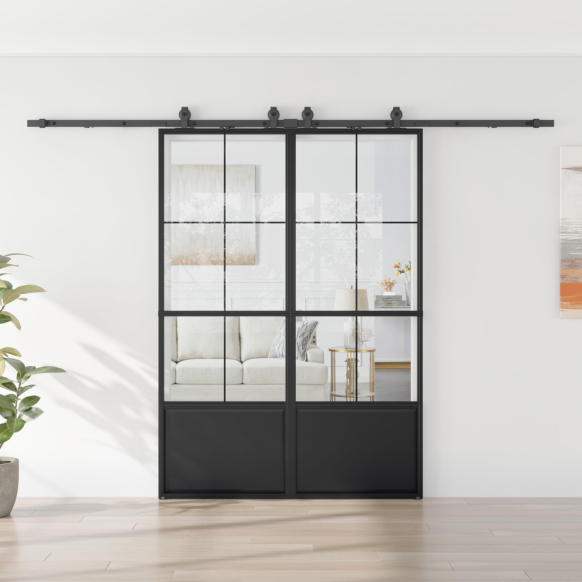 64 x 84 in 3/4 Lite Metal and Glass Double Barn Door with Installation Hardware Kit and Soft-Close