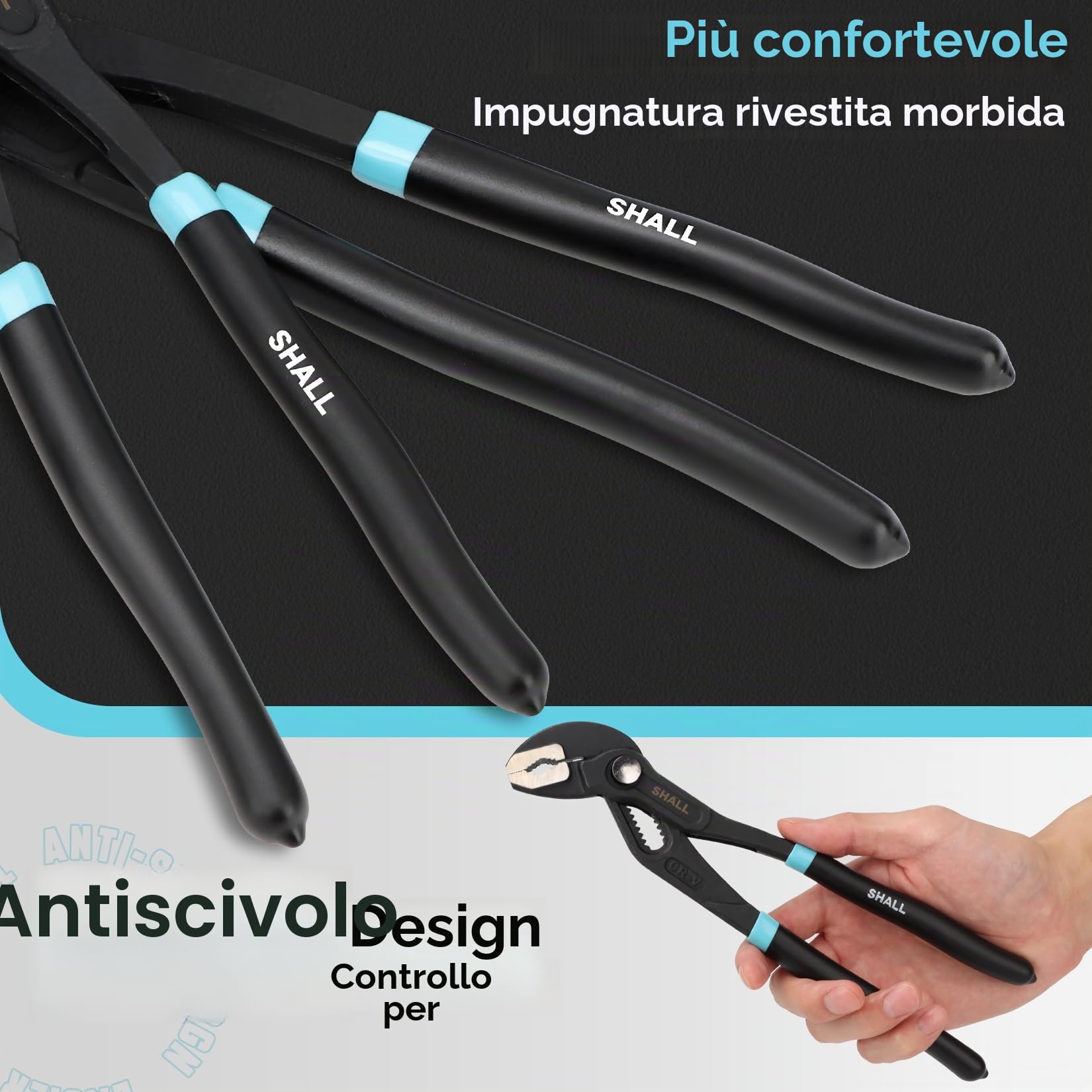 SHALL Set di pinze per giunti scanalati in 3 pezzi, pinze per pompa dell'acqua con chiusura a pressione in acciaio Cr-v,