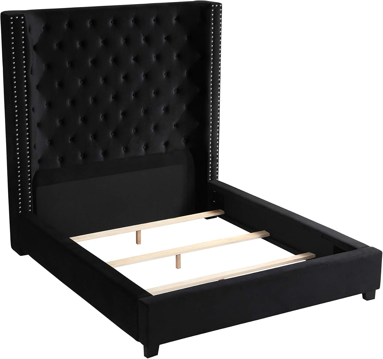 Jaclyn Velvet Transitional Upholstered Bed Frame with 70" Tall Straight Edge Headboard, Button Tufting and Nailhead Trim, Bedroom Furniture, (Black, California King)