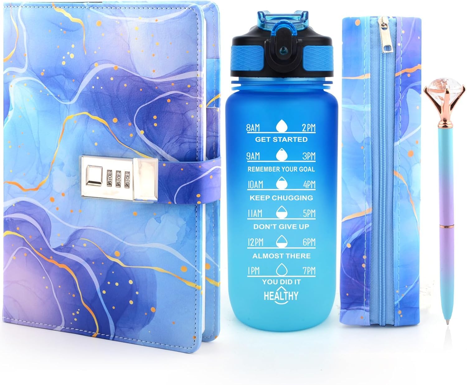 Secret Diary for Girls Water Bottle, Gifts for Girls 8 9 10 11 12 13 Year Old, Diary with Lock for Girls Teenager Journal, Back to School Birthday Christmas Gifts Presents for Girls Age 7-14,Notebook Pen (Blue)