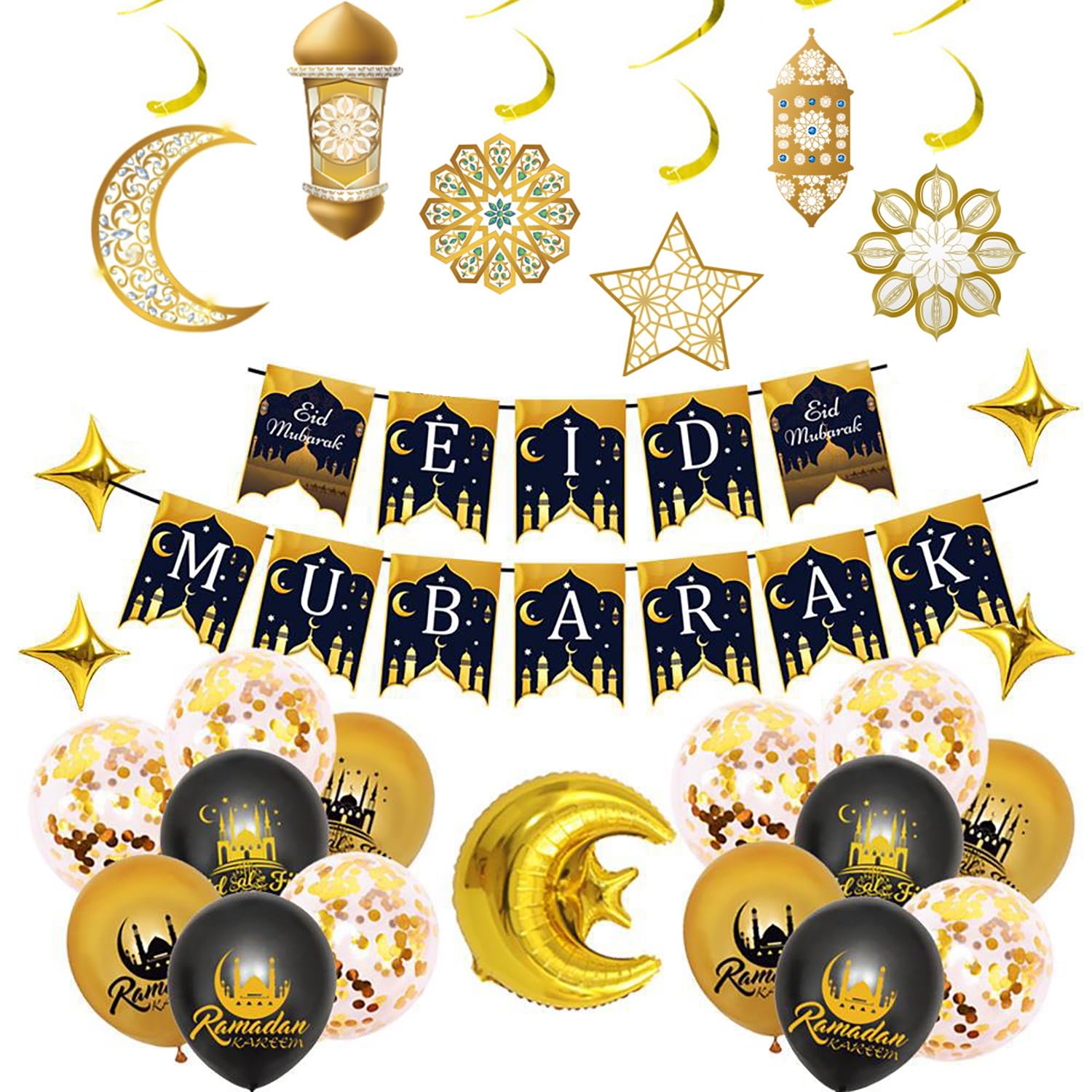 Eid Mubarak Balloons Decoration Set Eid Mubarak Hanging Banner Eid Balloons Gold Balloons and Eid Foil Balloon Star and Moon Garland for Eid Mubarak Ramadan Celebration