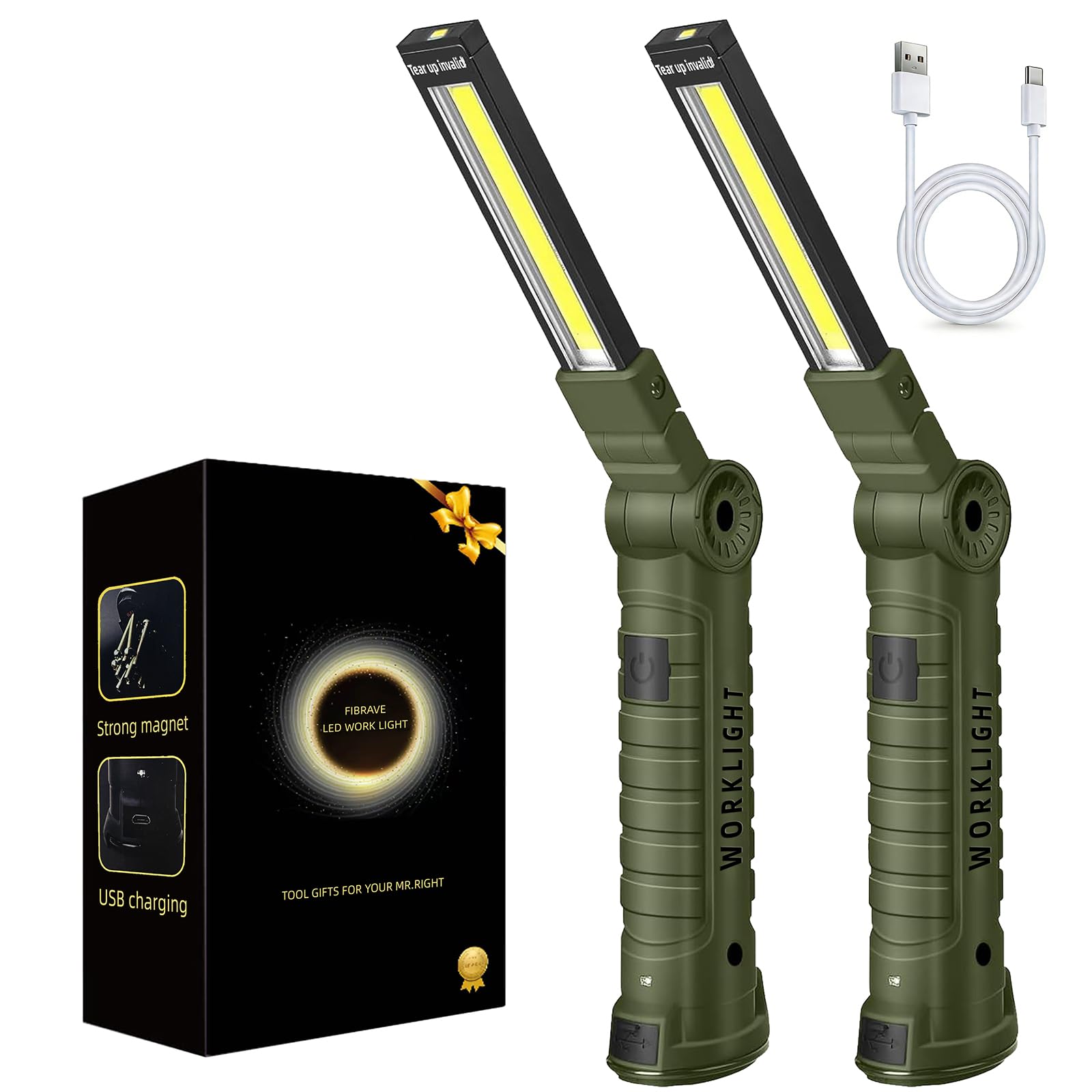 LED Work Light Rechargeable,FIBRAVE Mens Valentines Day Tool Gifts for Him Boyfriend Husband,LED Torch Grill Light Rechargeable Inspection Lamp with Magnetic Base 5 Modes 360° Rotate (2PCGreen)