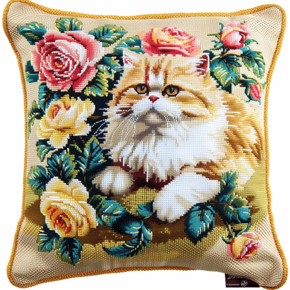 ORLUMY Pillow Case Embroidery Carpet Set Needlework Persian Cat and Rose Latch Hook Kit Hanging Needlework Pillow Cover Latch Hook Carpet Kit 43X43Cm