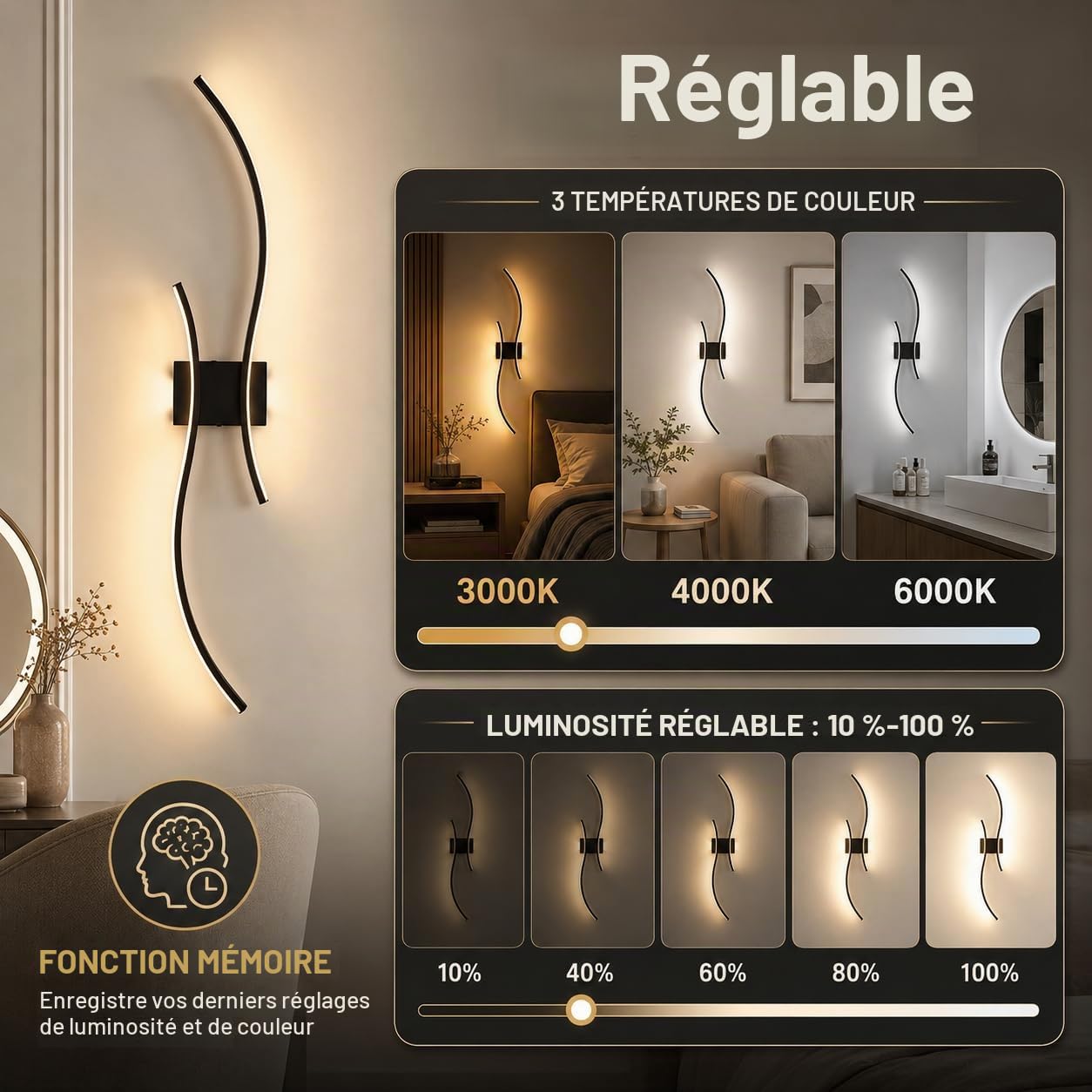 Lot de 2 appliques murales LED d'intérieur à piles avec télécommande - Noir - Moderne - Avec variateur et fonctions de minuterie - Pour salon, chambre à coucher, couloir, escaliers - 100 cm
