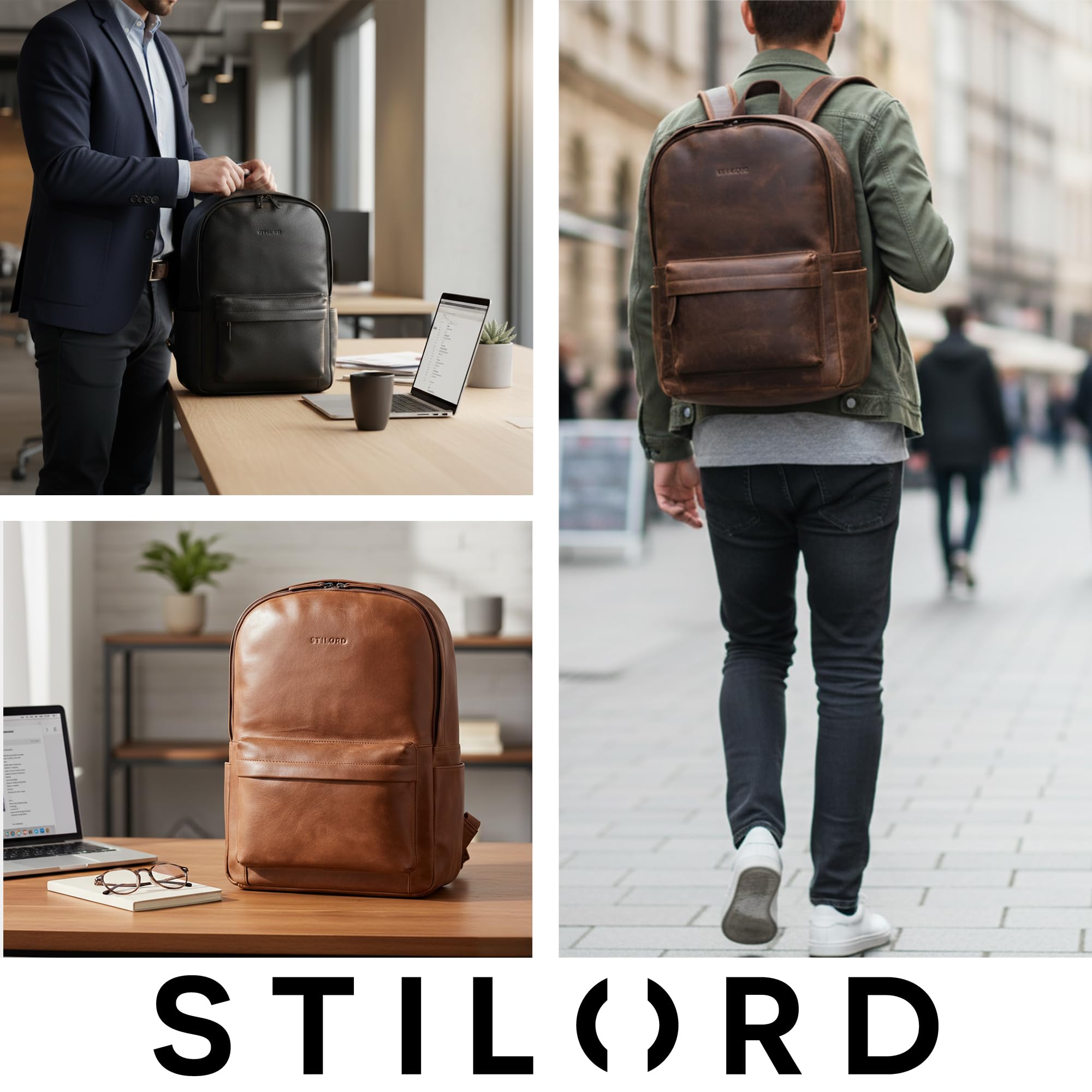 STILORD 'Arik' Mochila de Piel para Hombre y Mujer Cuero Viaje Bolso Estudiante Piel Backpack Mochilas portatil 16 Aduanas, Color:Negro