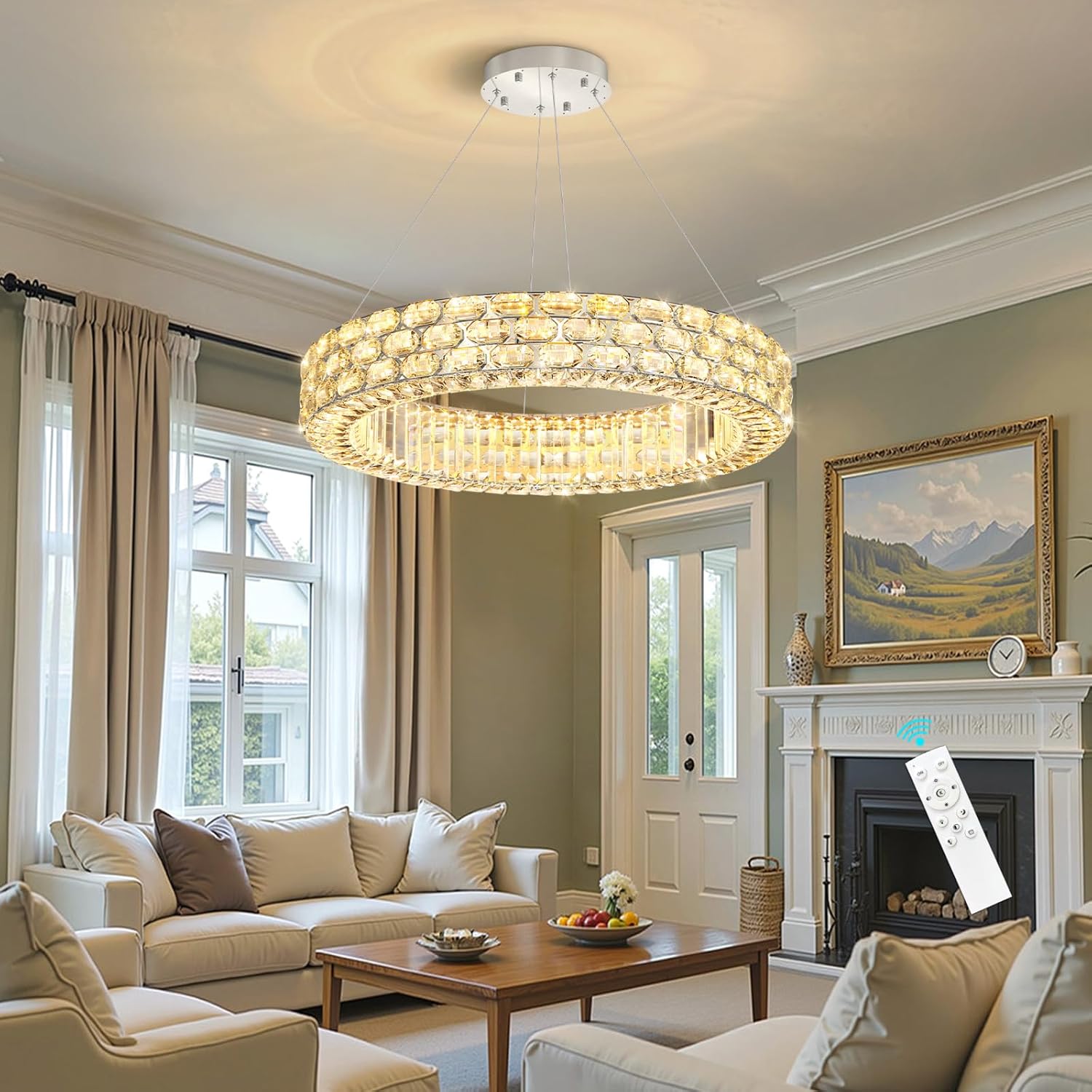 Crystal Chandelier Modern Dimmable LED Pendant Light Round Hanging Ceiling Chandeliers for Dining Room Kitchen Island Living Room Hallway Silver