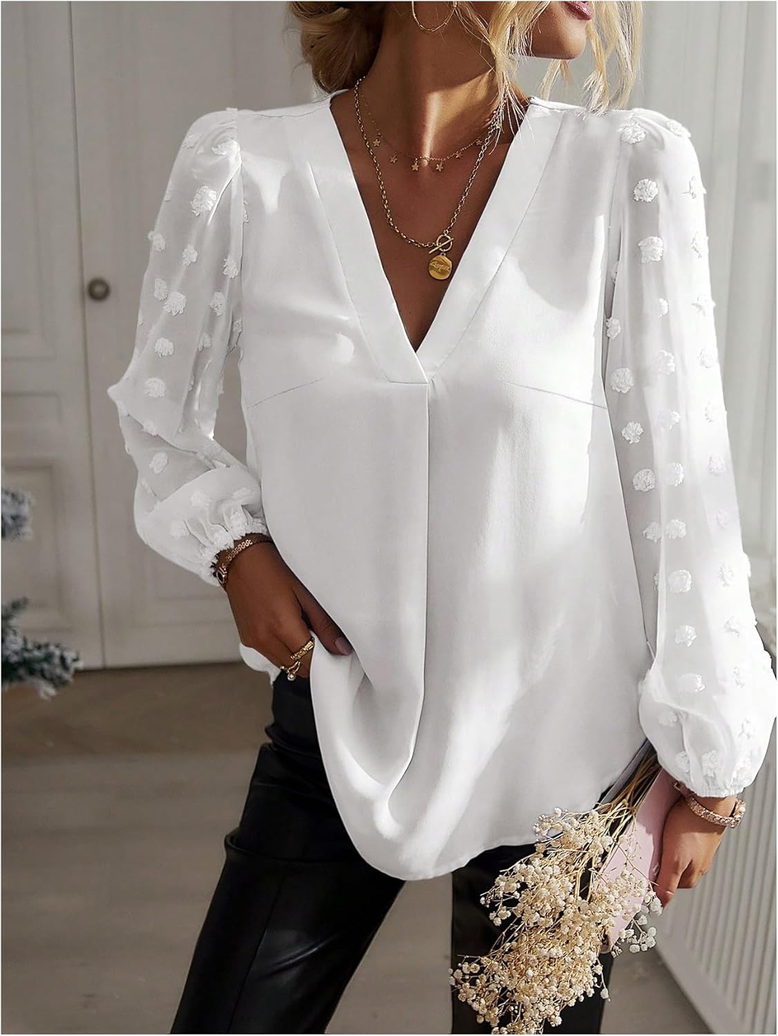 GORGLITTER Women's Swiss Dots Blouses Dressy Trendy Casual Long Sleeve V Neck Work Business Office Shirt - Image 4