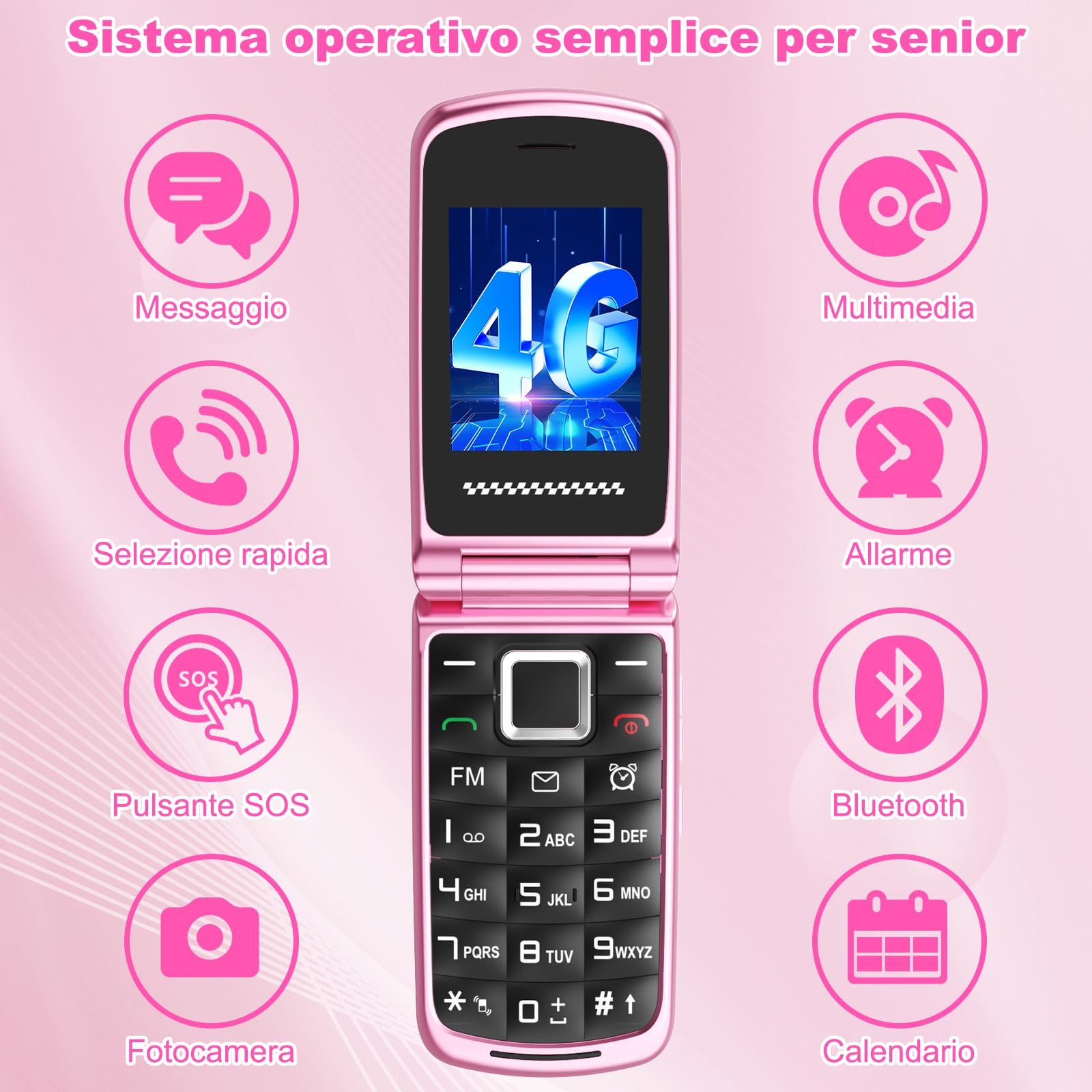 4G Telefono Cellulare per Anziani | Flip Telefoni Cellulari con Tasti Grandi | Doppia SIM | Annunci vocali | Volume alto | Funzione SOS | 2.4"+1.77" Doppio Pantalla | Selezione Rapida | Rosa