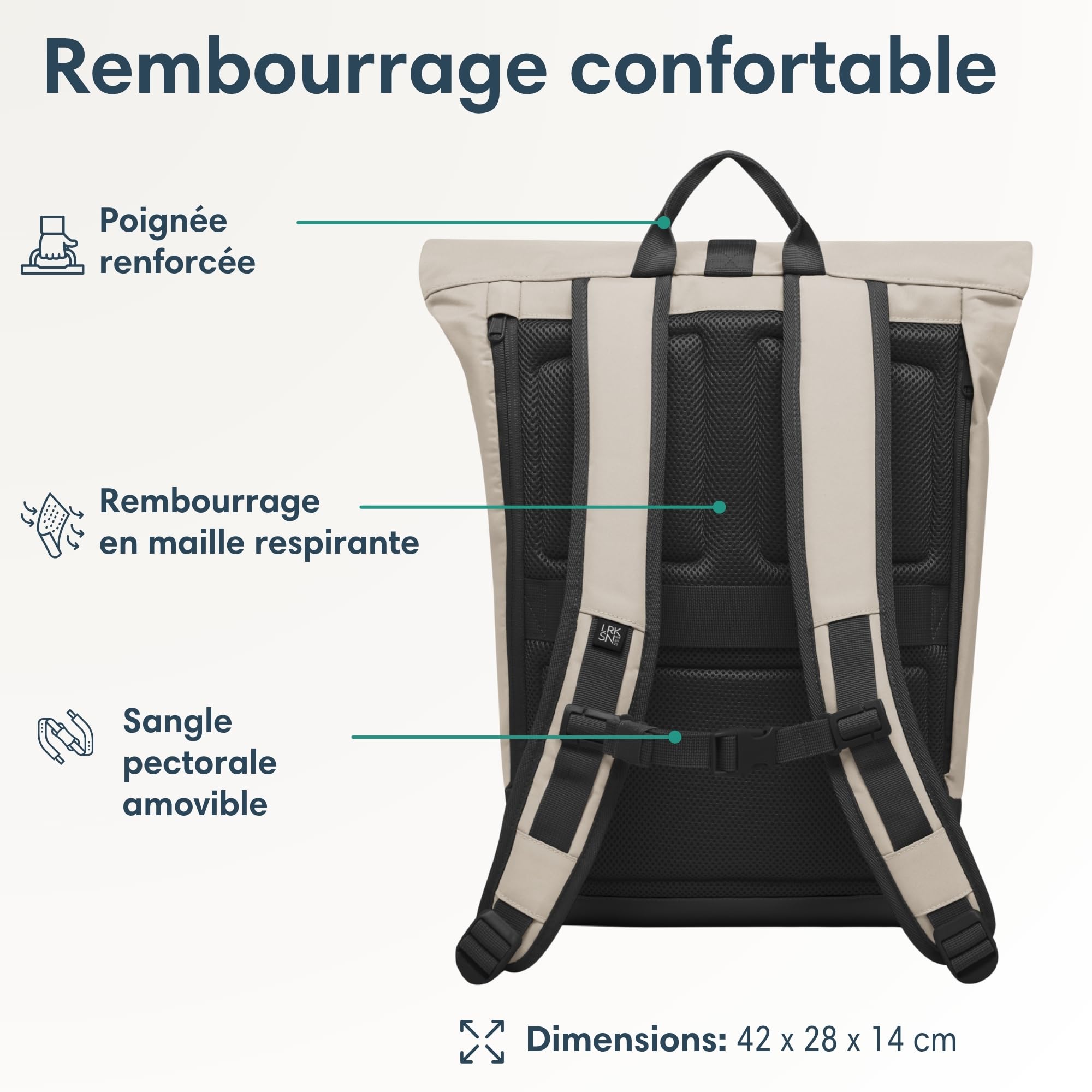 LARKSON Sac à Dos Femmes & Hommes Beige Gris - Janne - Sac à Dos Rolltop avec Compartiment pour Ordinateur Portable pour Université Travail Voyages & Vélo - Medium Backpack - Hydrofuge