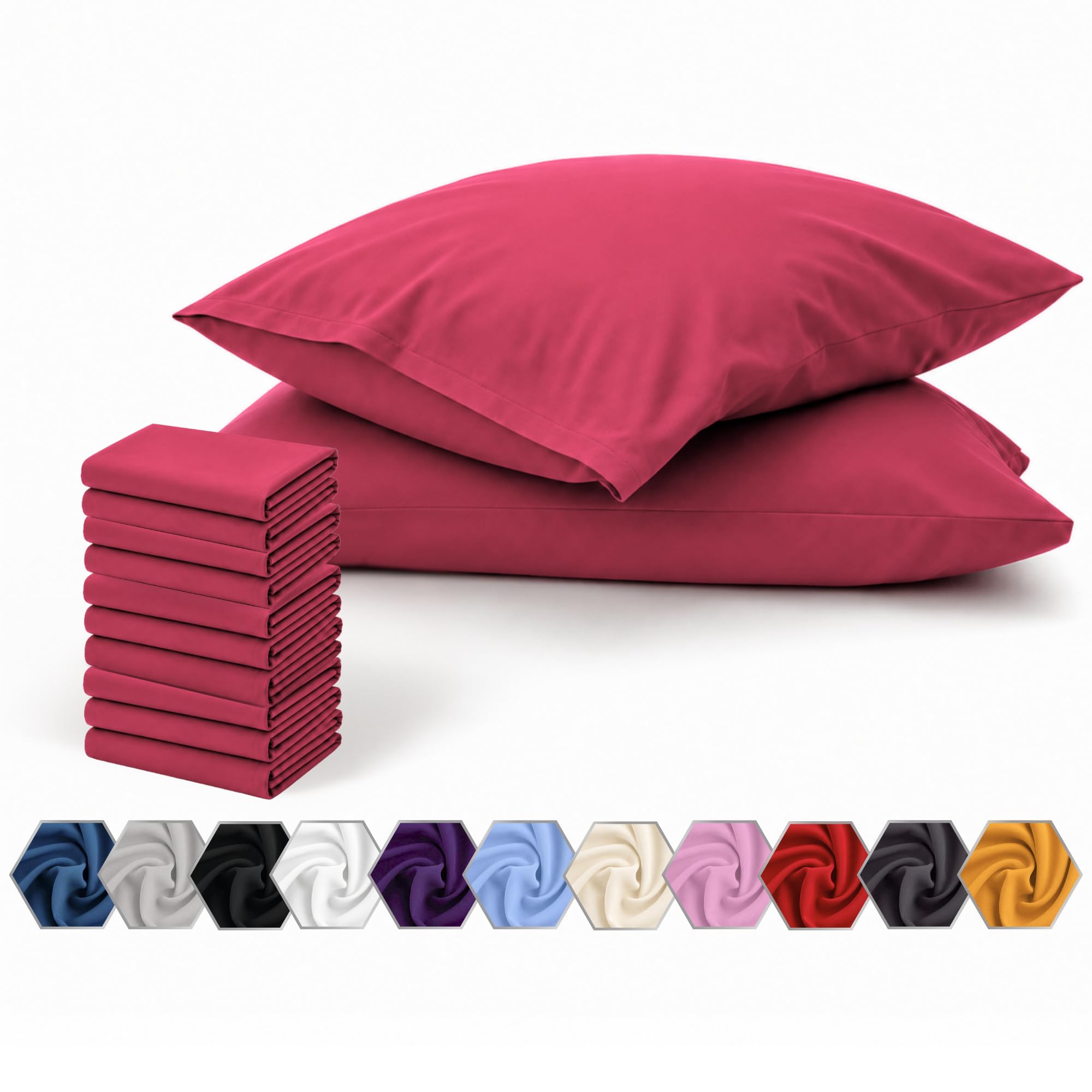 Pillow Cases 10 Pack Red | 100% Microfibre Plain Pillow Cover - UK-Standard Size Pillowcases 50x75cm - Wrinkle Free Super Soft Cozy & Breathable Pillow Case with Envelope Closure (Pack of 10, Red)