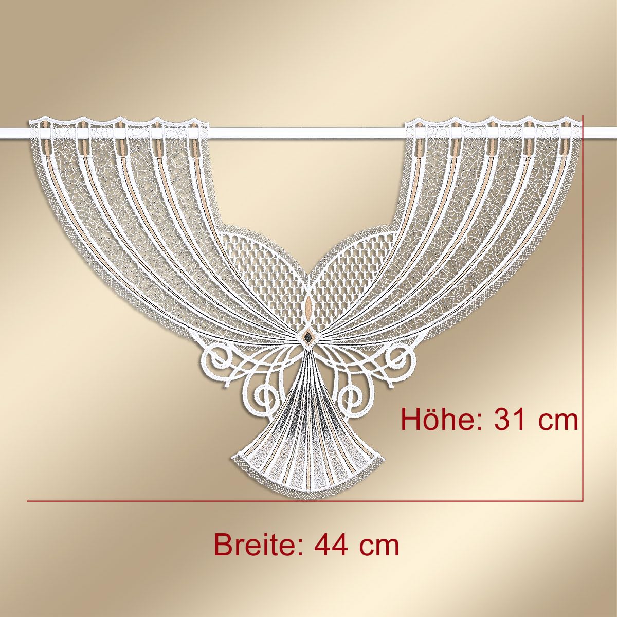 Scheibenhänger Aluna Echte Plauener Spitze Moderne Fächerspitze in weiß, beige und anthrazit Klassische Spitzengardine mit Ornamenten 31 x 44 cm