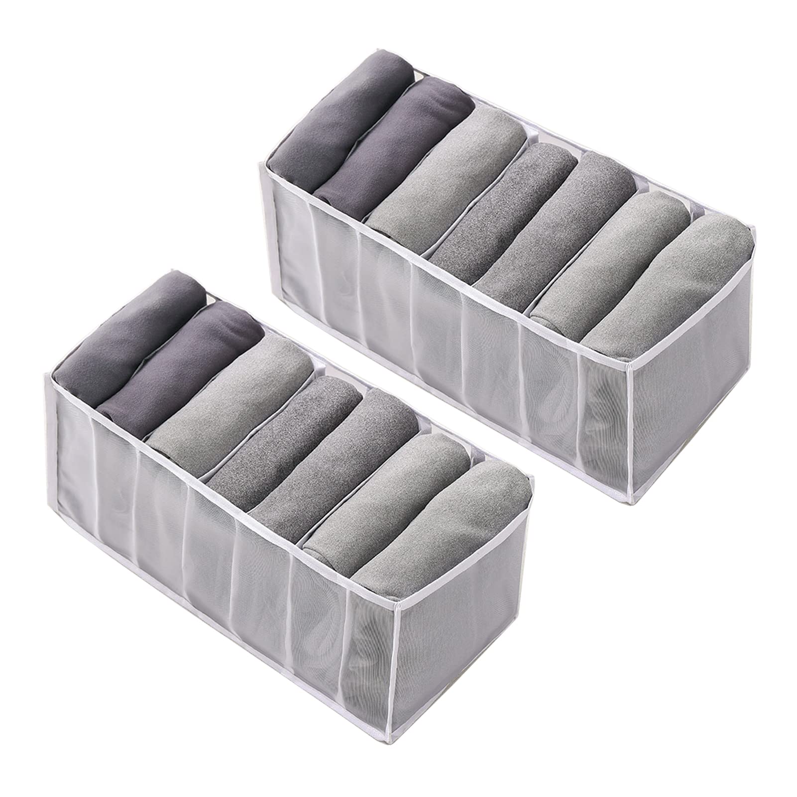 Clothes Organizer 2PCS, 7 Grids Folded Clothes Drawer Organizer Closet Drawer Divider Washable Mesh Clothes Storage for Leggings, Underwear, Socks, Scarves White