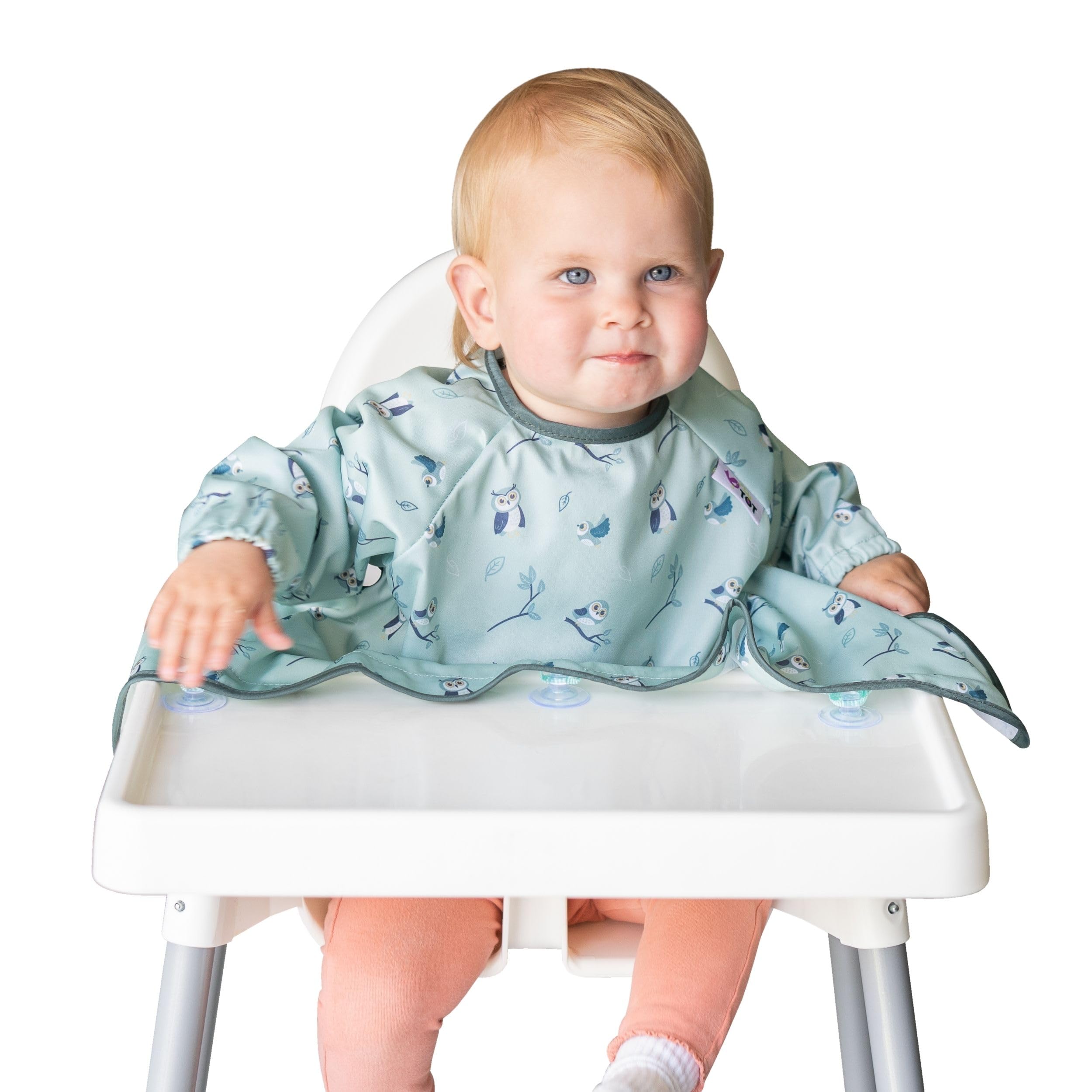 Tidy TotCover & Catch™ Weaning Bib with Sleeves. Attaches to Highchairs with Suction for Mess Proof Baby Feeding. Waterproof Long Sleeved Bibs. Coverall BLW Bibs. Travel Bag Included.