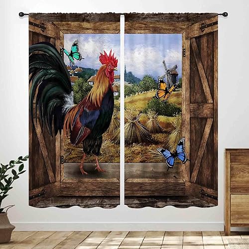Cortinas de cocina de gallo de granja, puerta de granero de madera, madera retro, vintage, de pollo, mariposa, decoración de ventana, tratamiento