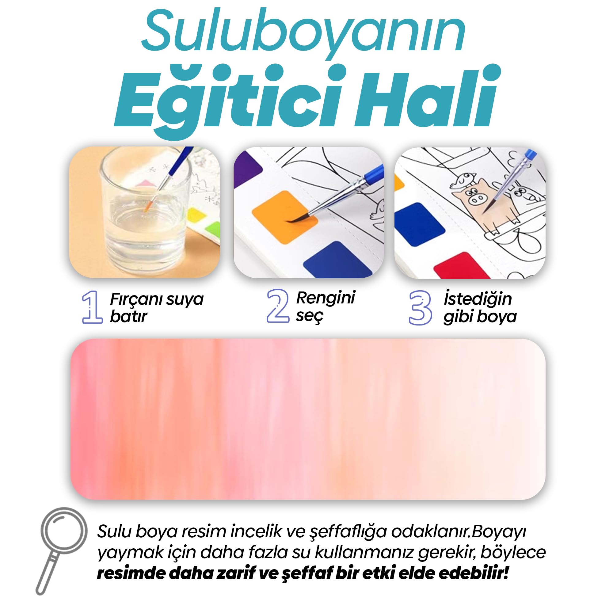 Animokids Renk Paletli Sulu Boya Kitabı + Fırça, 12 Sayfa Boyama Kitabı, Aktivite Boyama Seti, Çocuklar için Yeni Nesil Sulu Boya Defteri (Deniz Kızı)