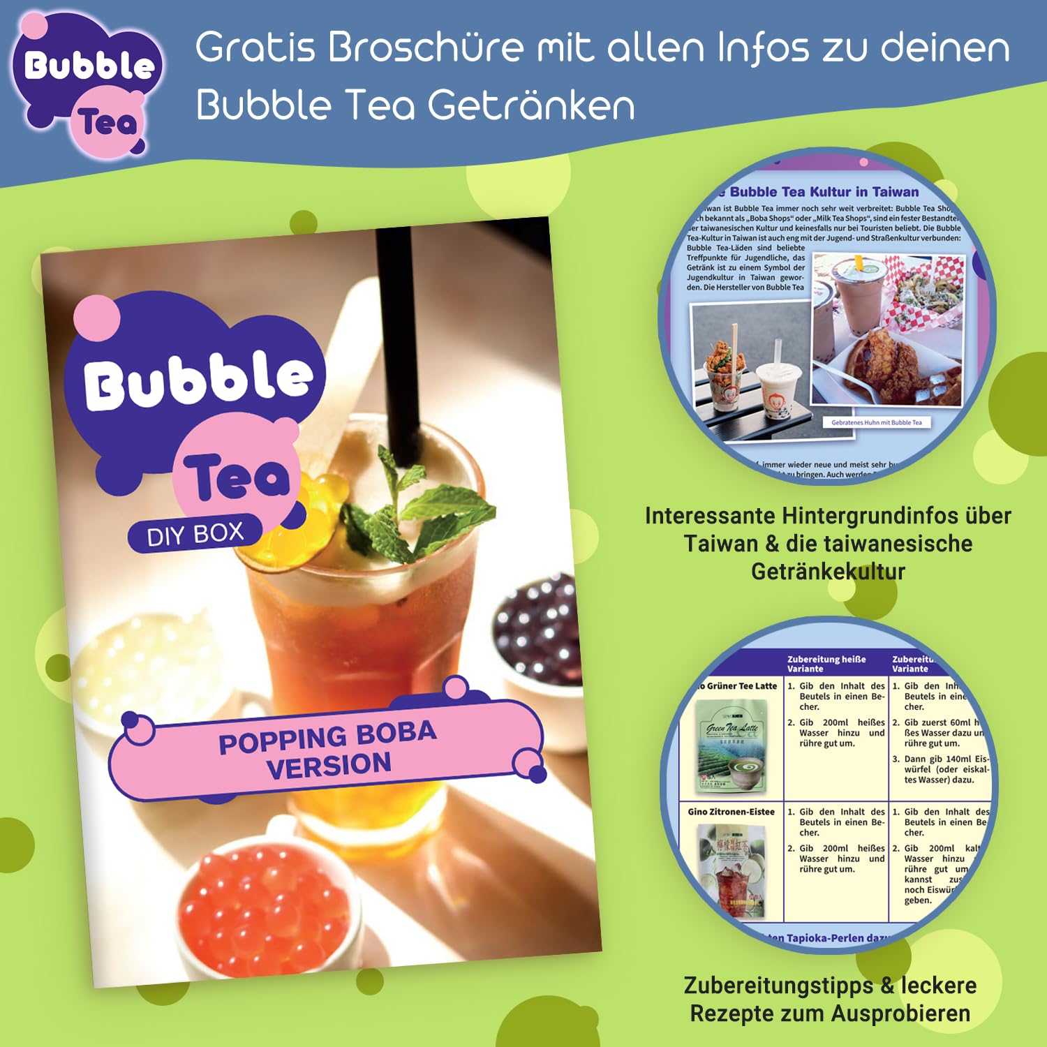 Bubble Tea DIY Set mit Green Apple Popping Boba - Für 4 Getränke - 14-teiliges Boba Tee Starter Kit - 3 Teesorten (Milchtee, Grüner Tee, Zitronen-Eistee), Fruchtperlen, Strohhalme, mit Anleitung