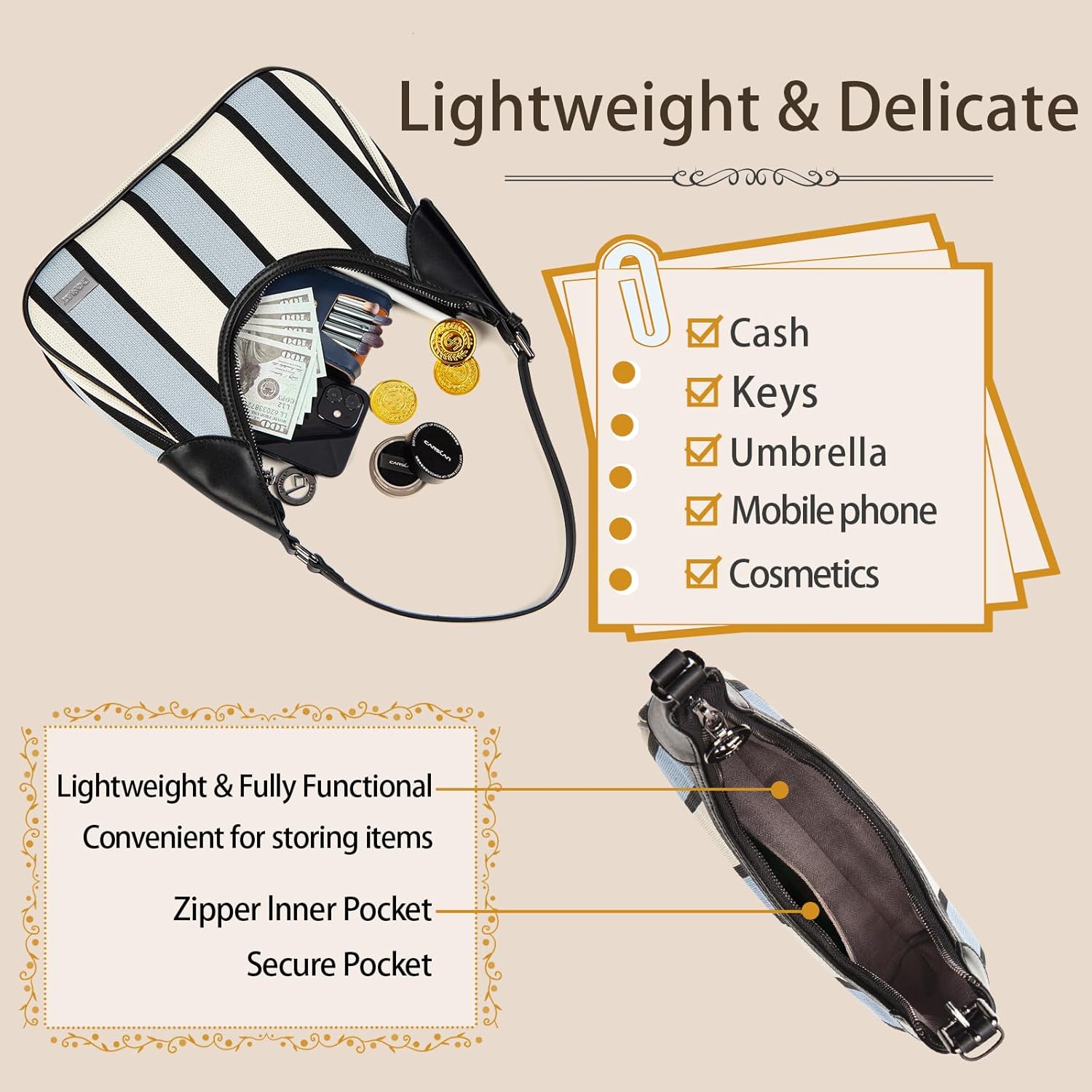 DOMAT Shoulder Bag for Women, Striped Handbag, Cute Clutch Purse with Zipper Closure, Petite Satchel Bag for Daily Using