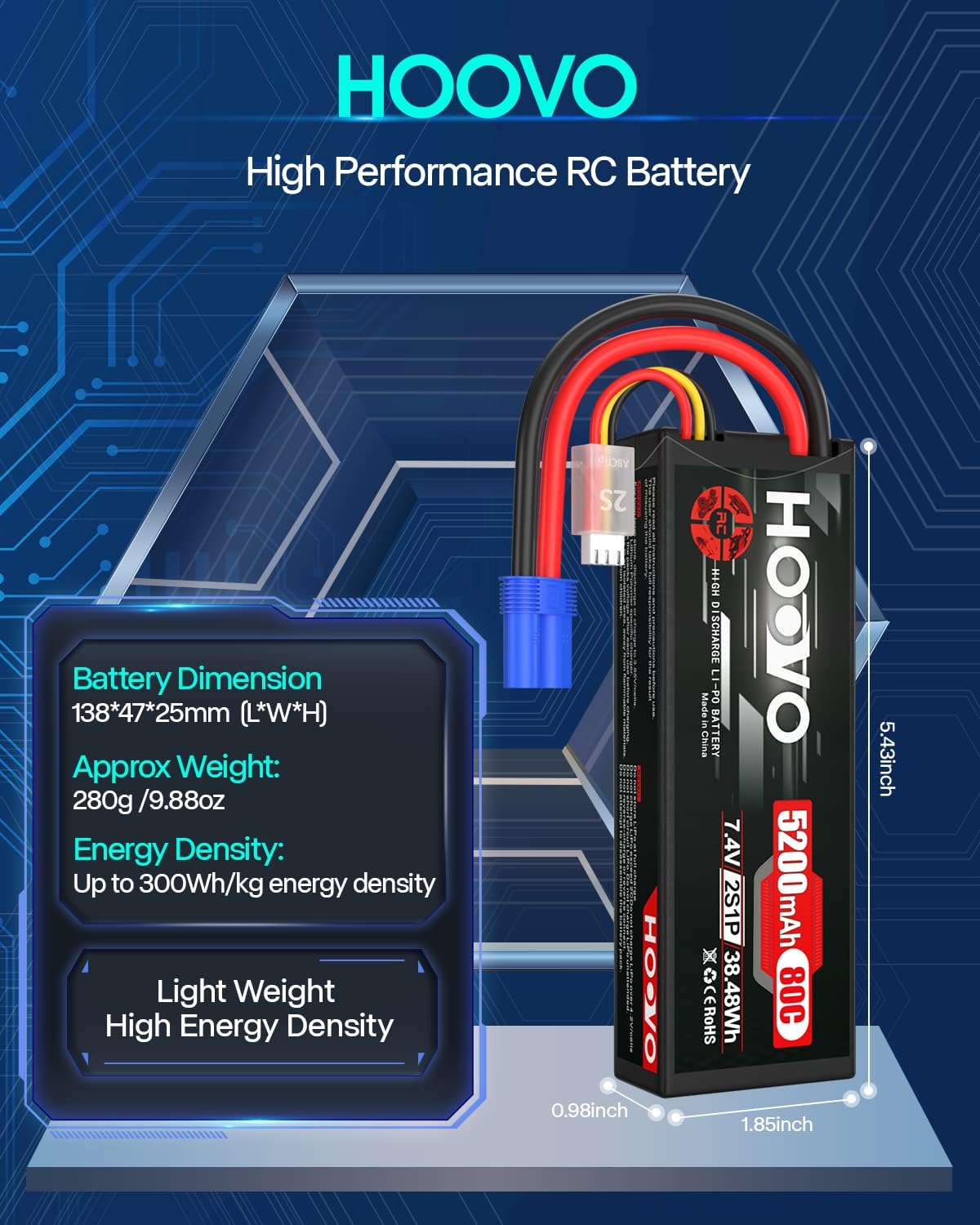 HOOVO 7.4V 80C 5200mAh 2S Lipo Battery Hard Case with EC5 Connector for RC Car Truck Truggy Buggy Tank RC Airplane Helicopter Boat Car Racing (2 Pack)