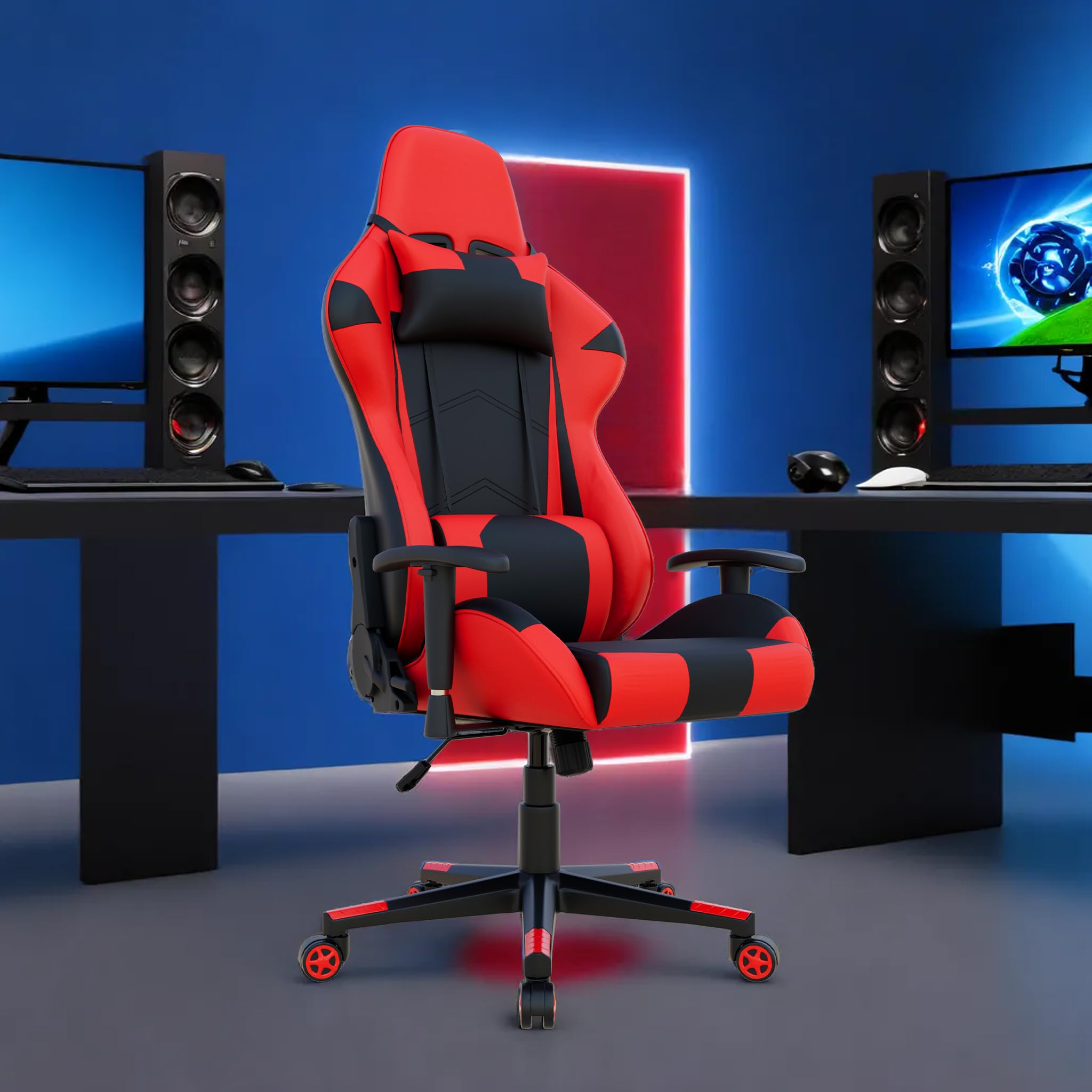 ROSE® Metal Up Gamer Multi-Functional Footrest Ergonomic Gaming Chair with Lumbar Support | Back Rest | Fixed Arm Rest | Ergonomic High Back Chair (Red & Black)