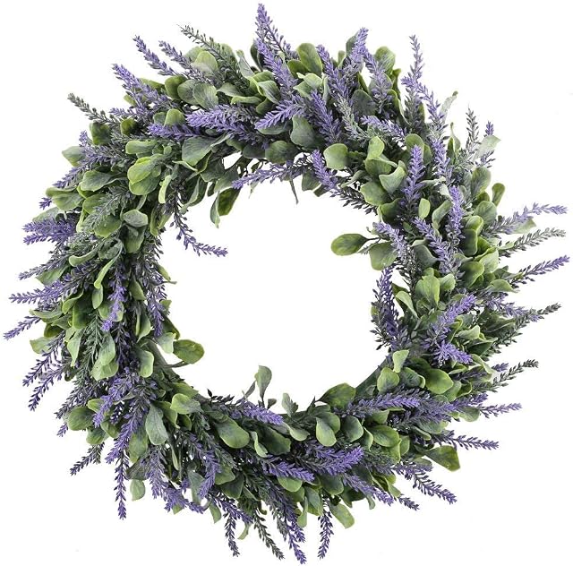 HUAESIN Artificial Lavender Wreath Plastic Spring Wreath Fake Silk Purple Front Door Wreath for Spring Front Door Indoor Outdoor Window Wall Home Fireplace Wedding Decor 45cm