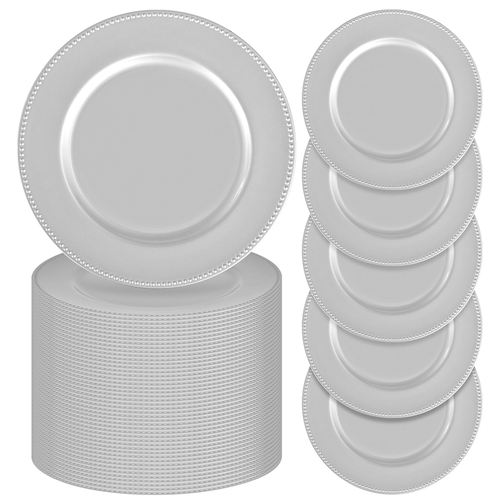 fani 100 Pcs Silver Charger Plates Bulk, 13'' Round Beaded Dinner Charger Plates, Plastic Reusable Vintage Table Decoration for Wedding, Party, Reception, Event, Holiday Supplies