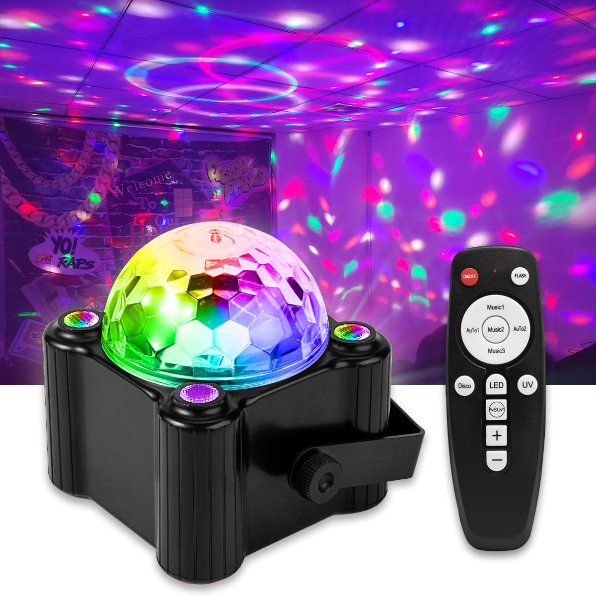 Buclhoz 3 in 1 Disco Ball Party Light with Sound Activated and 6 Lighting Colors, LED Dj Stage Strobe Lamp for Home Indoor Room Dance Parties Birthday Karaoke Halloween Christmas Decorations(5'' Size)