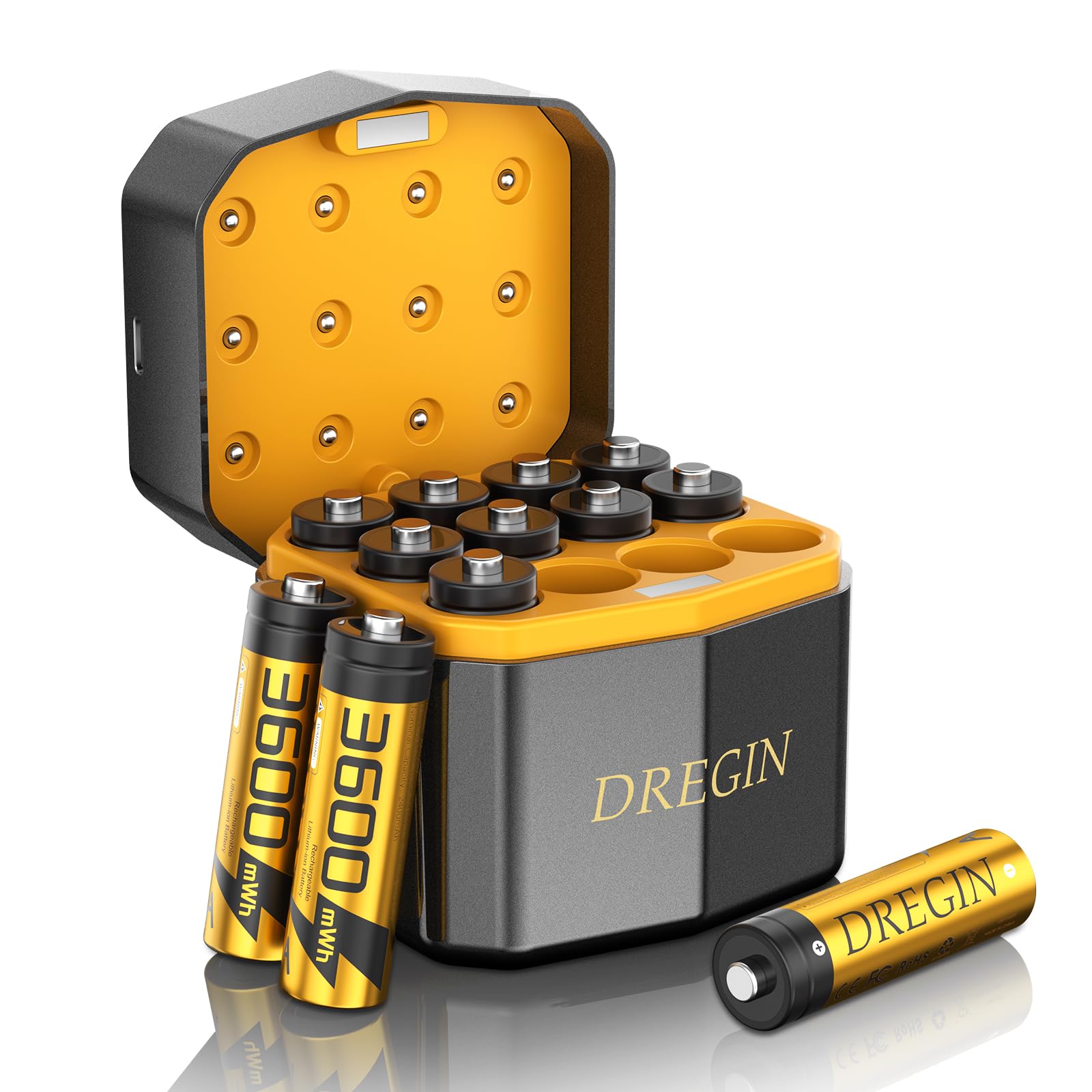 Lot de 12 piles AA rechargeables au lithium avec chargeur, 1,5 V, 3600 mWh, piles AA haute capacité, 2000 cycles rechargeables (doré)