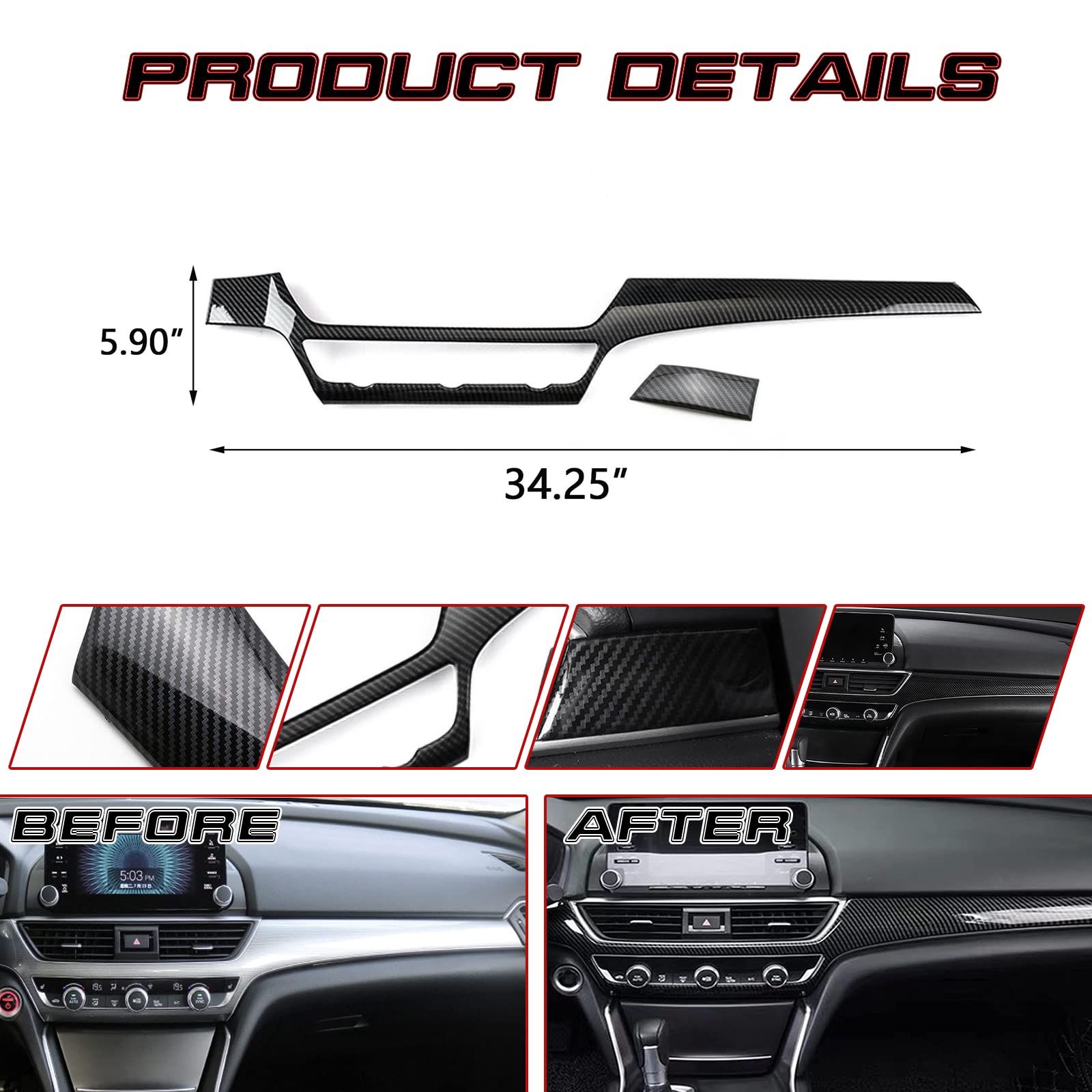 Xotic Tech Interior Dashboard Center Console AC Switch Button Panel Stripe Cover Trim, Carbon Fiber Pattern, Compatible with Honda Accord 10th Gen 2018-2022